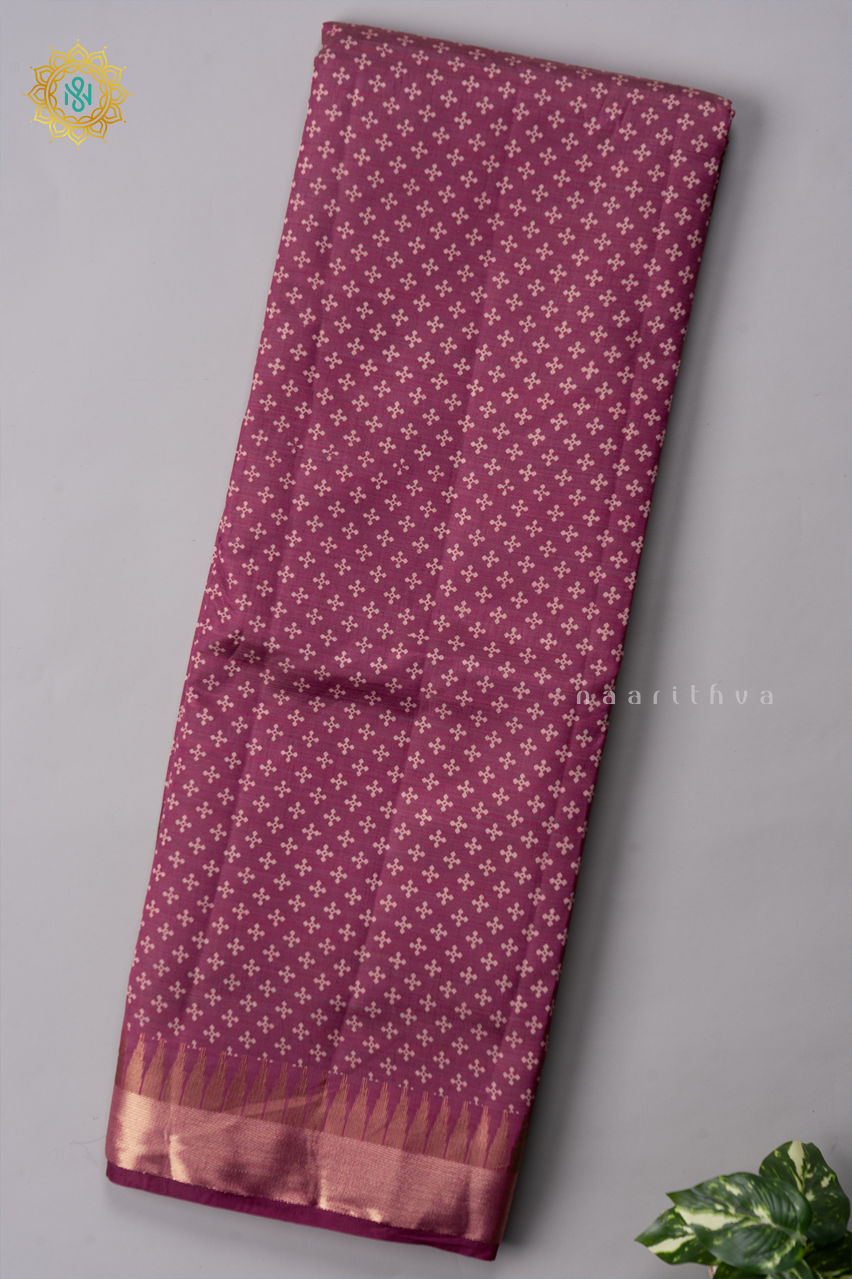 Wine Semi Tussar Saree With Printed Body And Zari Border