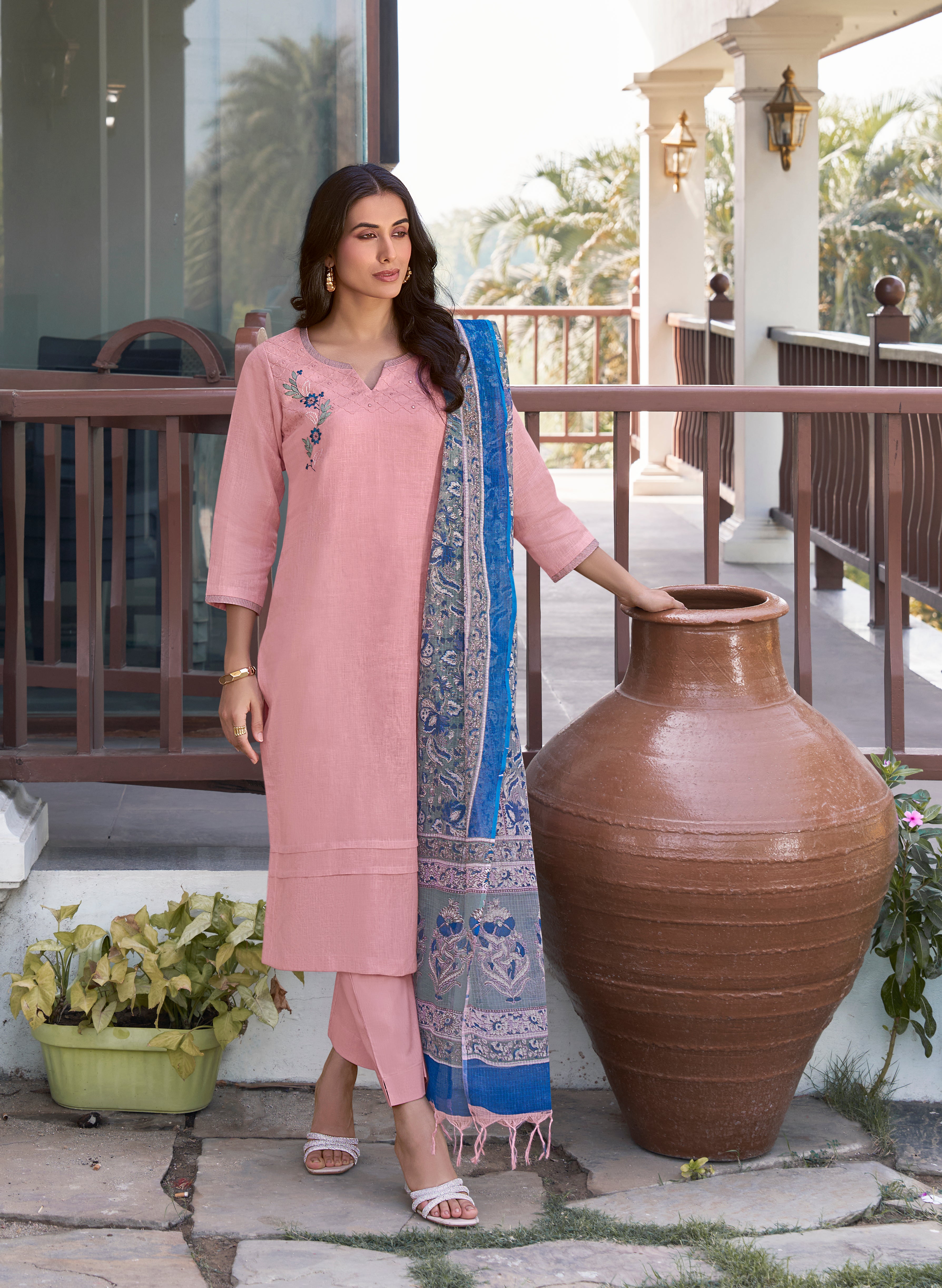 LIGHT PINK WITH BLUE - PURE LINEN COTTON 3PC SALWAR SUIT WITH TOP, BOTTOM & DUPATTA