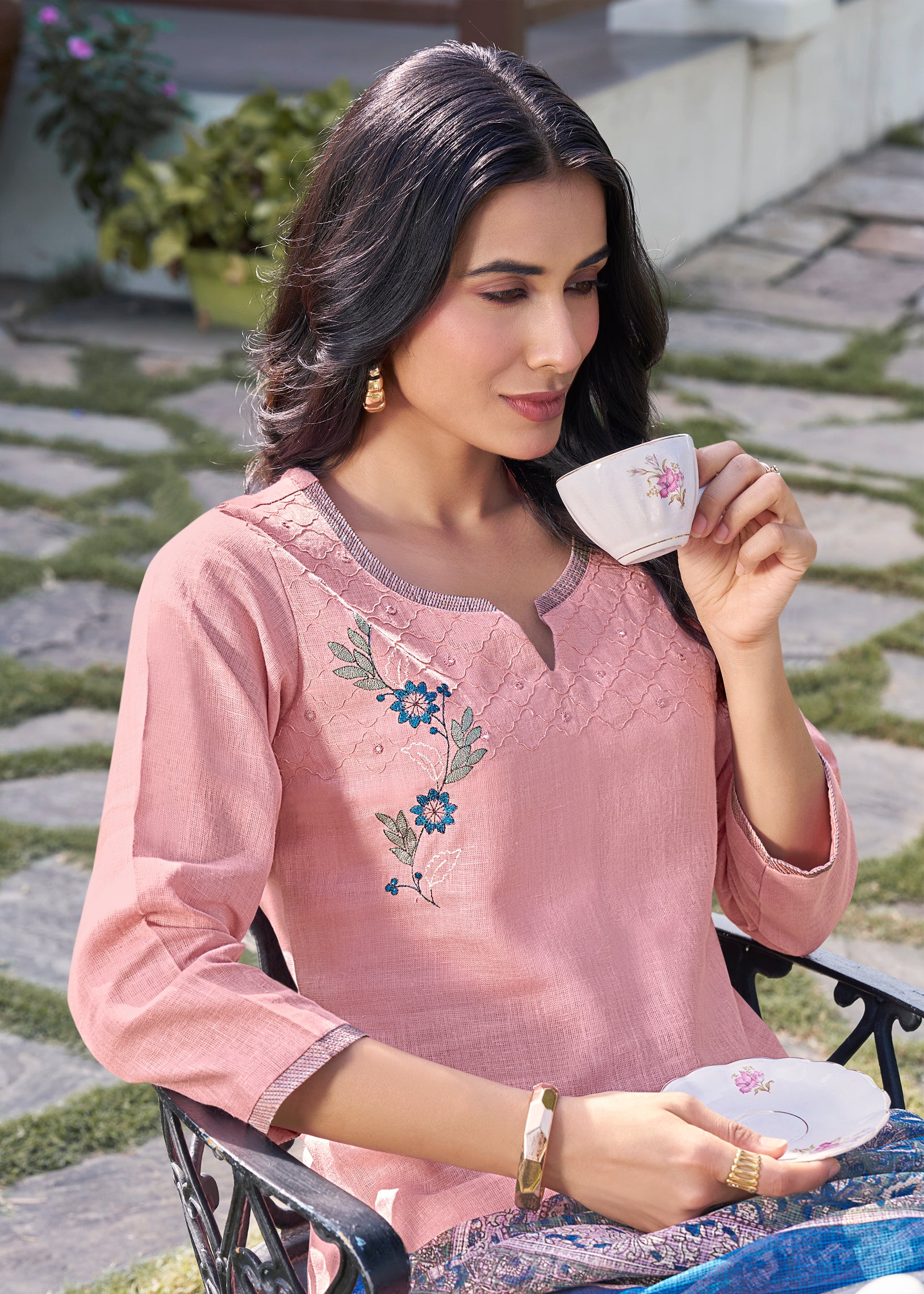 LIGHT PINK WITH BLUE - PURE LINEN COTTON 3PC SALWAR SUIT WITH TOP, BOTTOM & DUPATTA