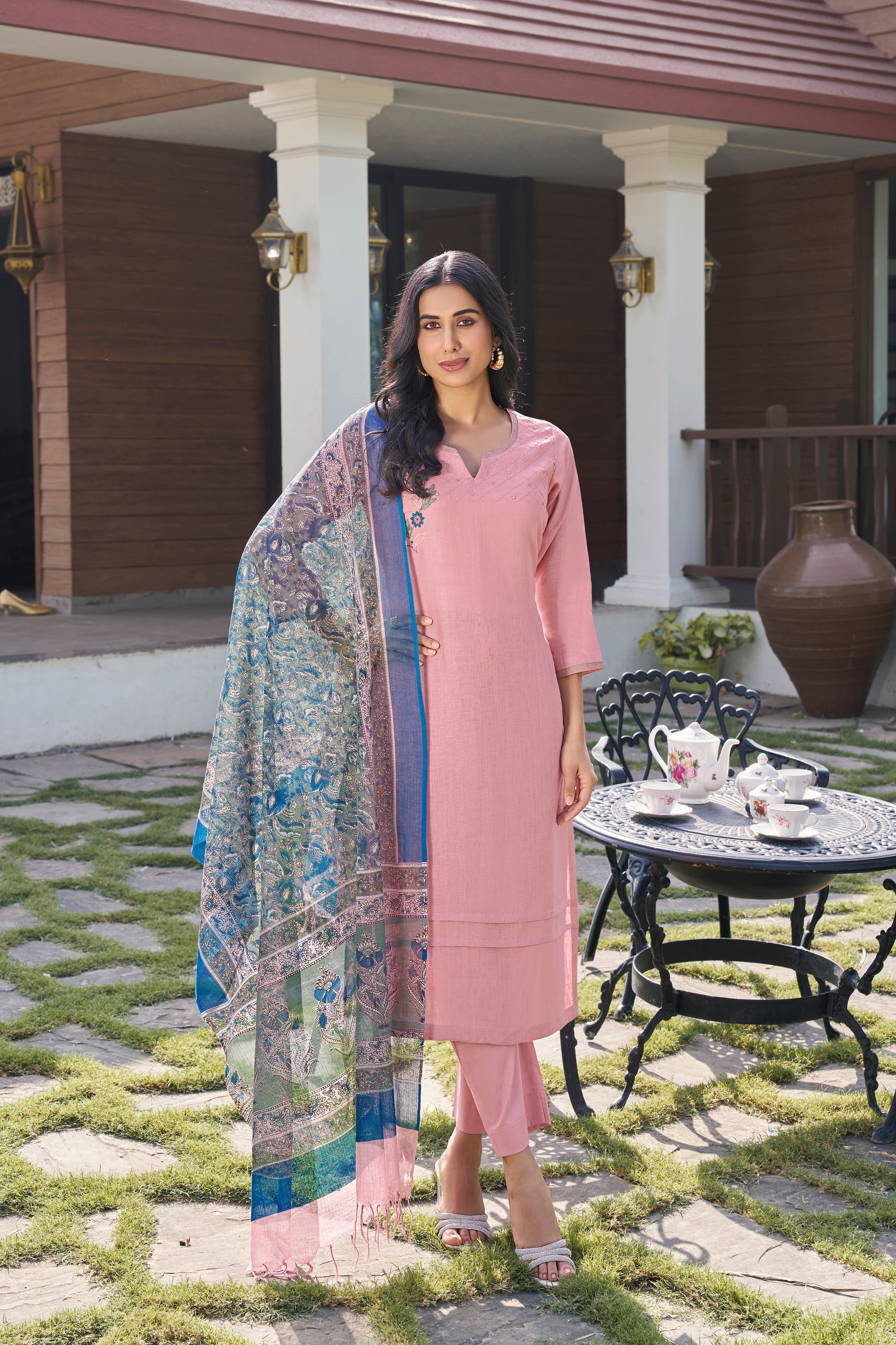 LIGHT PINK WITH BLUE - PURE LINEN COTTON 3PC SALWAR SUIT WITH TOP, BOTTOM & DUPATTA