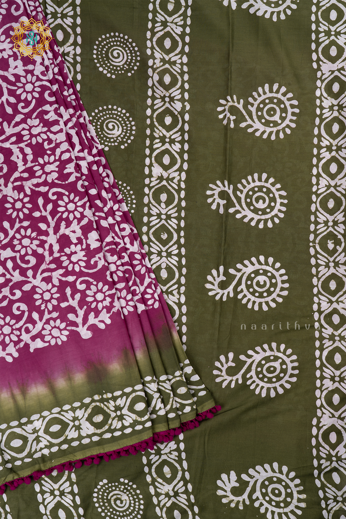 LIght Pink With Green Printed Cotton Saree With Contrast Border & Pallu