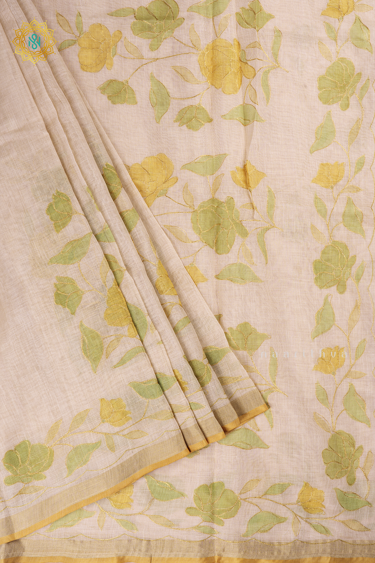 Off White Linen Tissue Saree with Aari Floral Work and Tissue Border