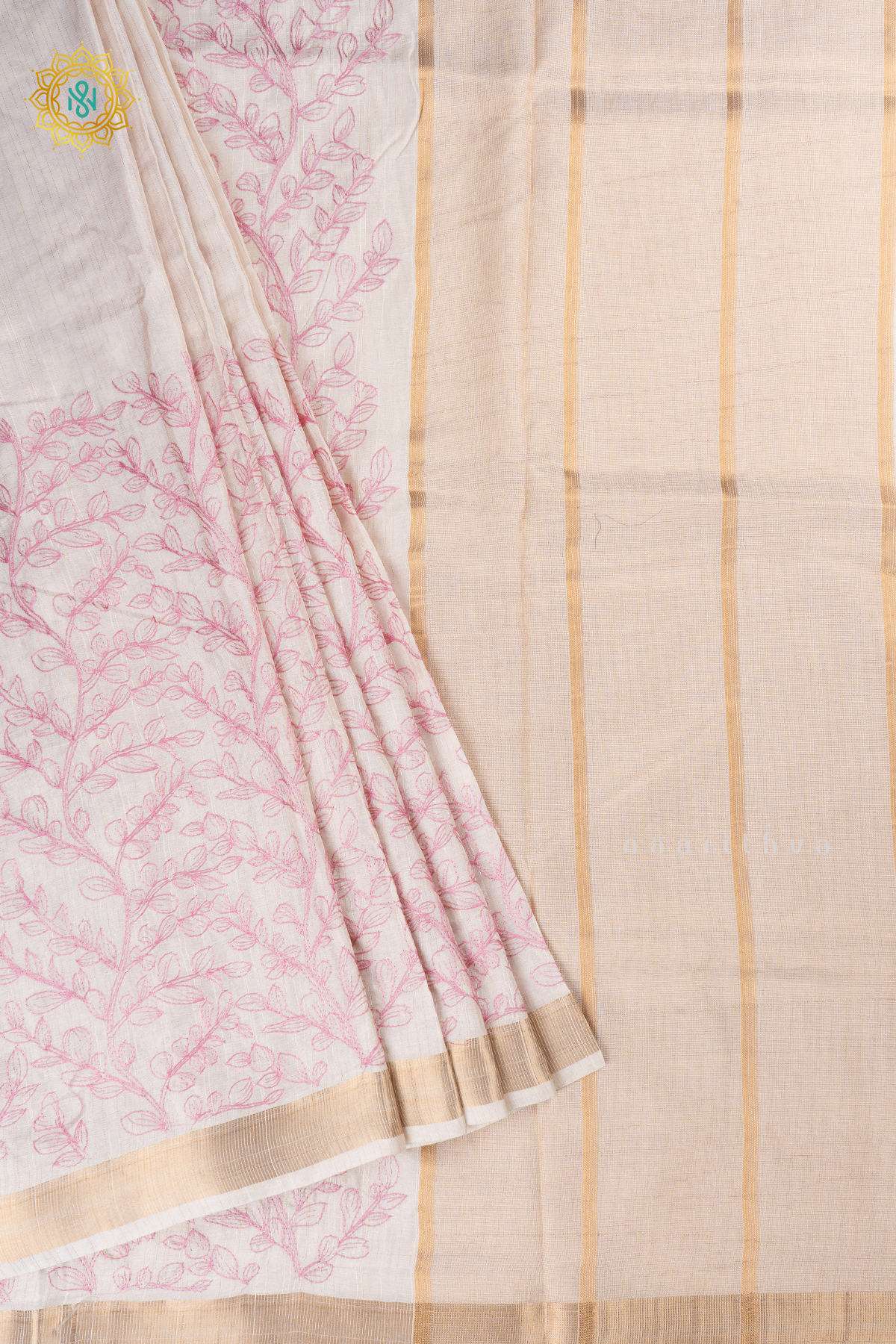White With Pink Semi Tussar Silk Saree With Thread Embroidery Body & Pallu