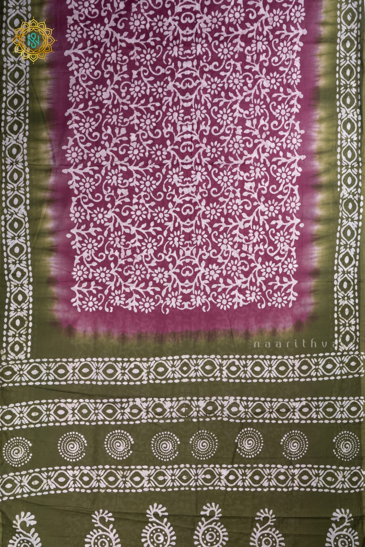 LIght Pink With Green Printed Cotton Saree With Contrast Border & Pallu