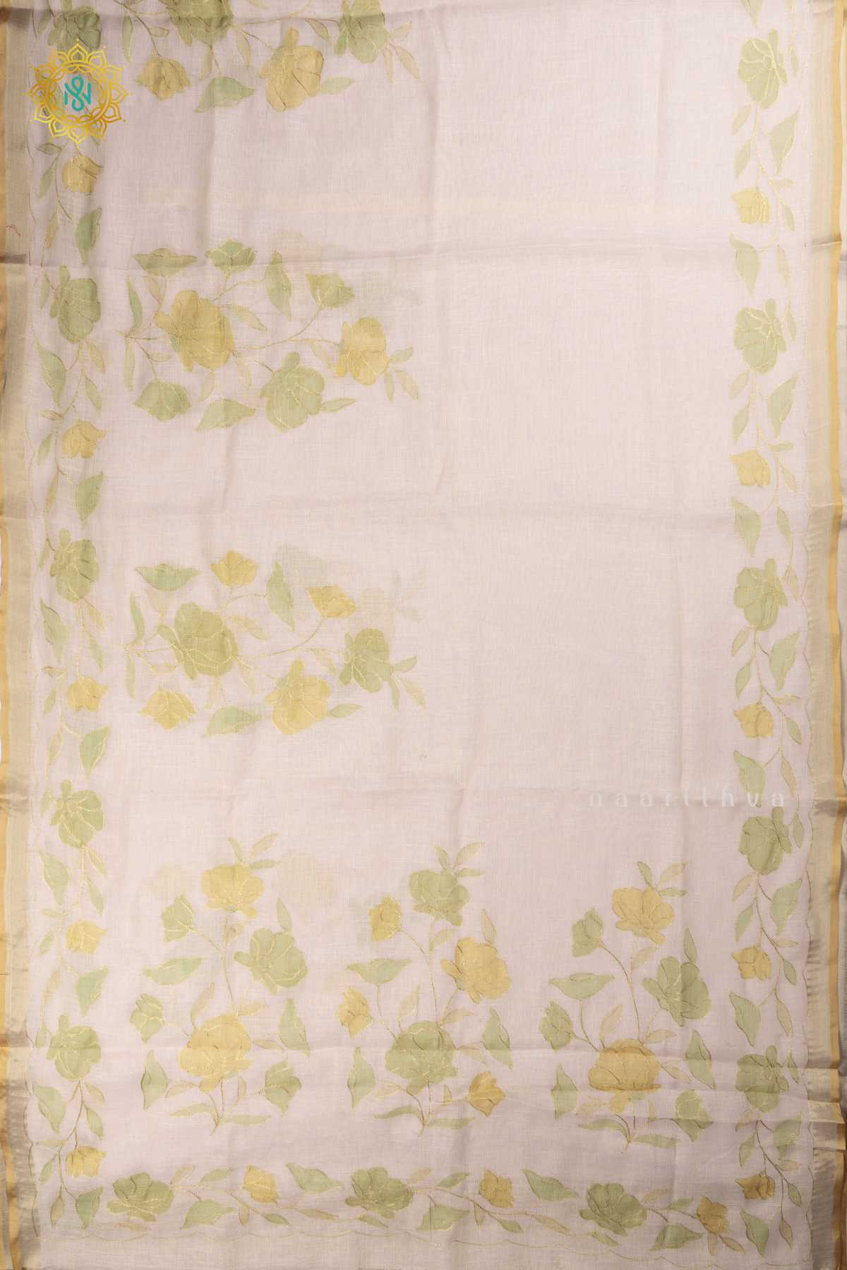 Off White Linen Tissue Saree with Aari Floral Work and Tissue Border