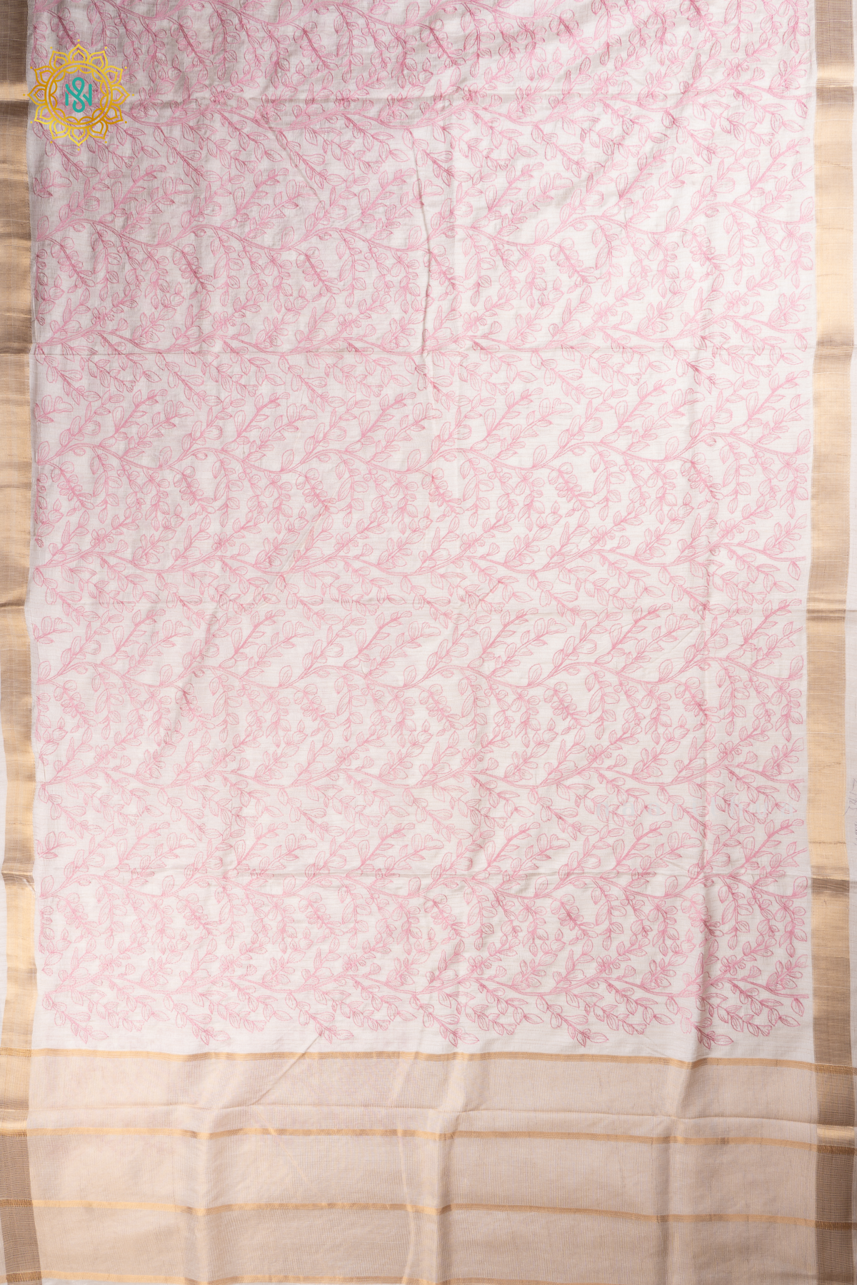 White With Pink Semi Tussar Silk Saree With Thread Embroidery Body & Pallu