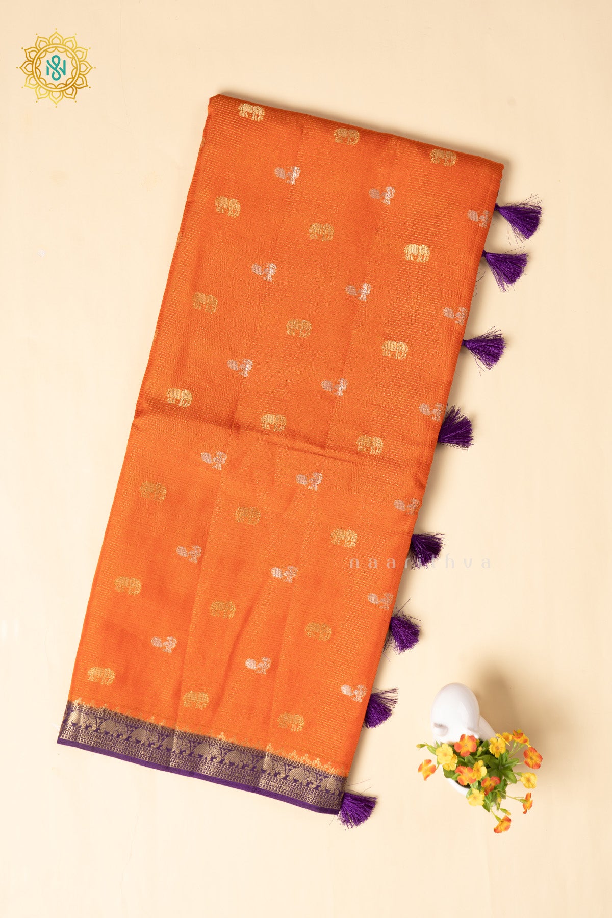 Orange With Purple Semi Crepe Silk Saree With Zari Buttas On The Body With Contrast Zari Border & Pallu