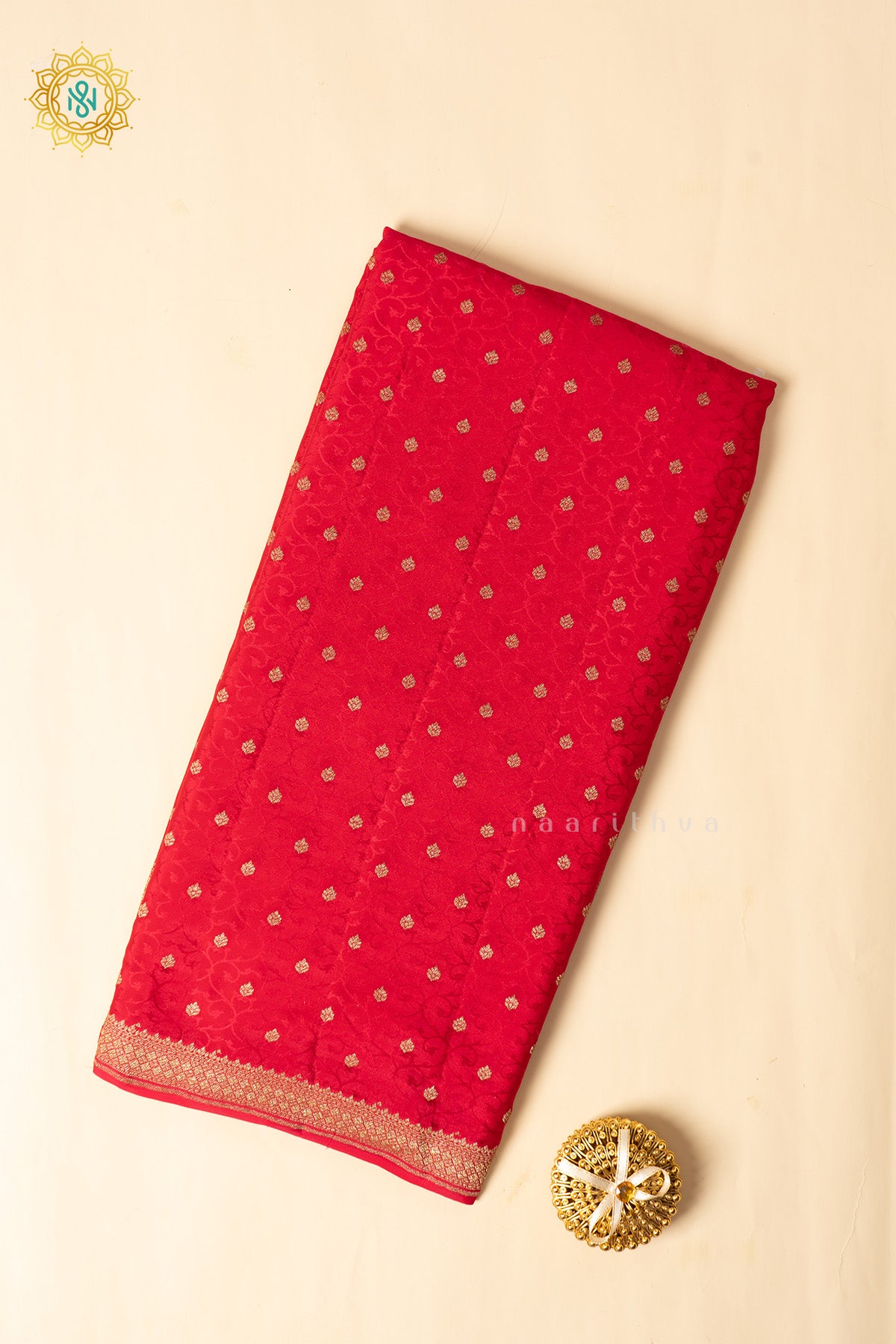 Red Pure Banrasi Crepe Silk Allover Zari Buttas On The Body With Contrast Zari Border & Pallu
