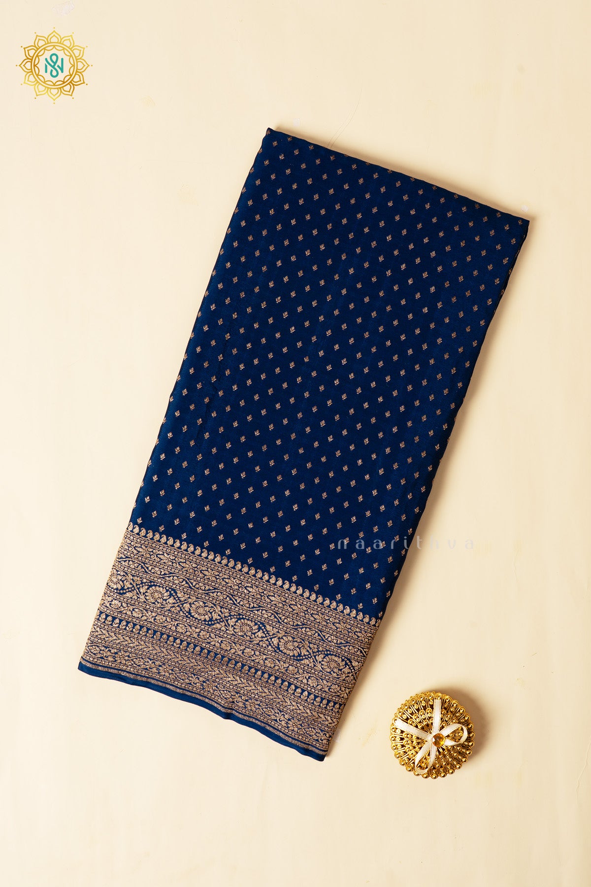 Navy Blue Pure Banarasi Crepe Silk Allover Zari Geometric Weaves and Woven Border