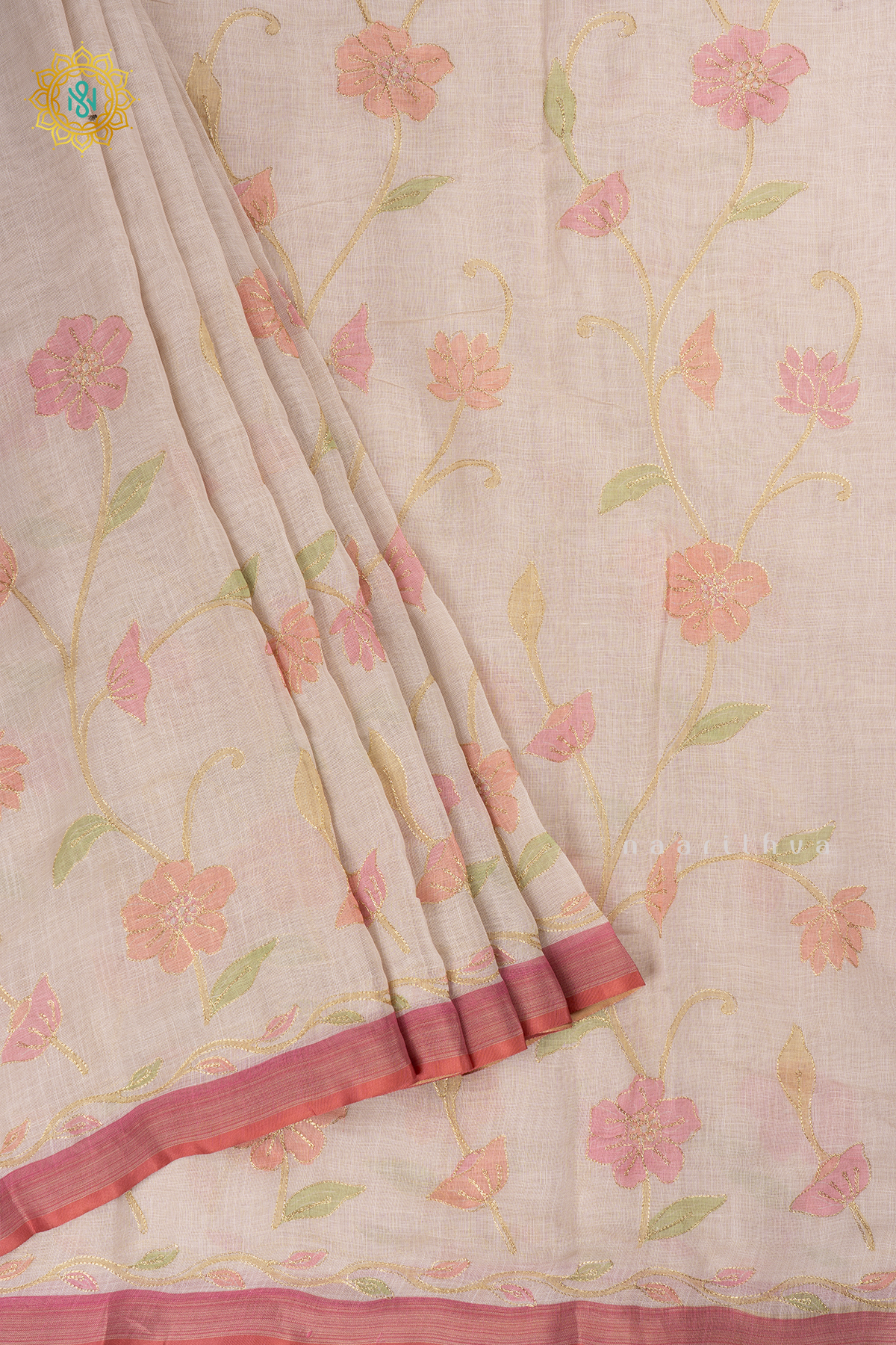 Off White With Peach Linen Tissue Saree with Aari Floral Work and Tissue Border