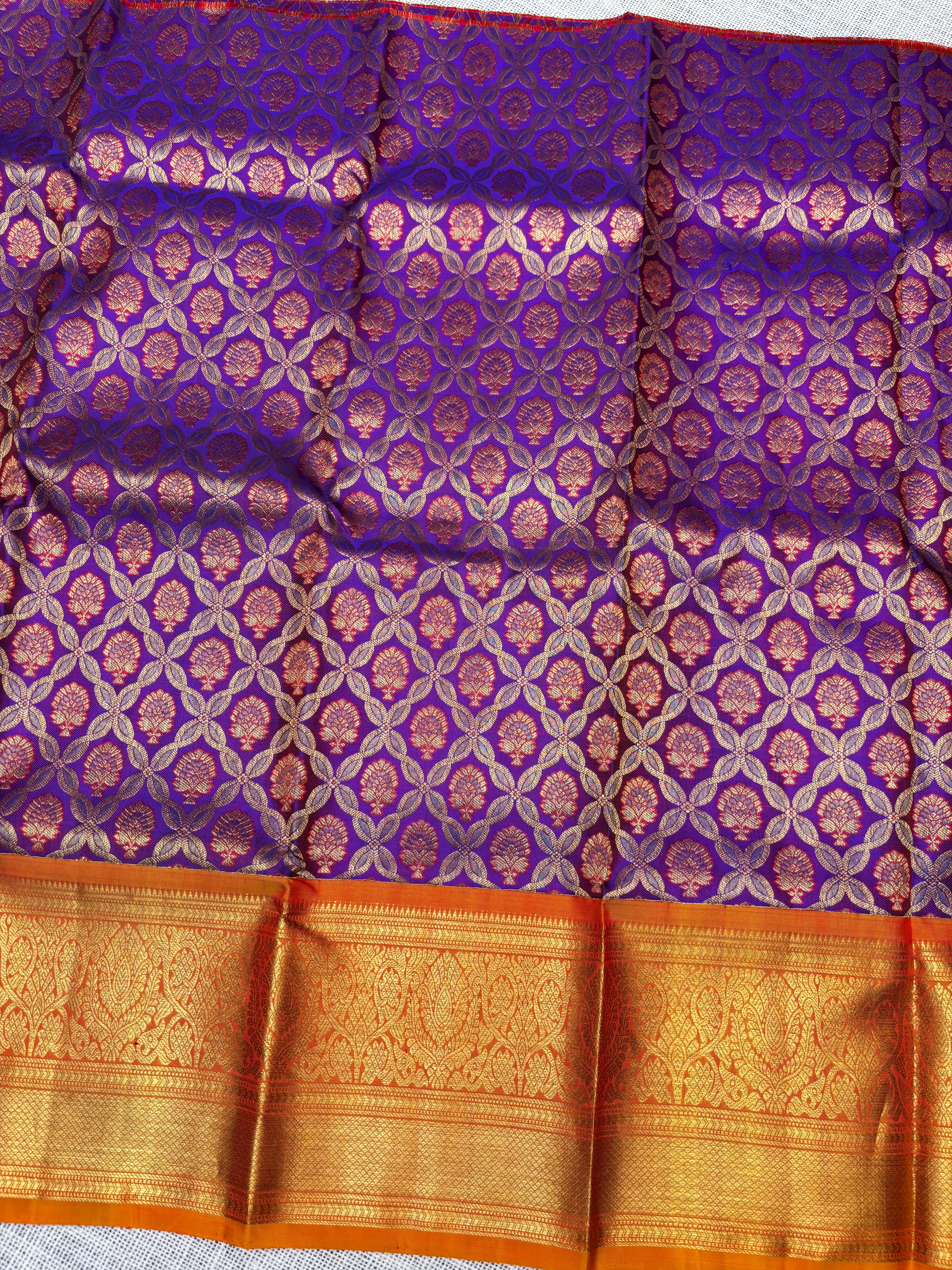 Purple with Orange Pure Kanjivaram Silk Unstitched Kids’ Lehenga Fabric with All-Over Zari Brocade and Zari Border