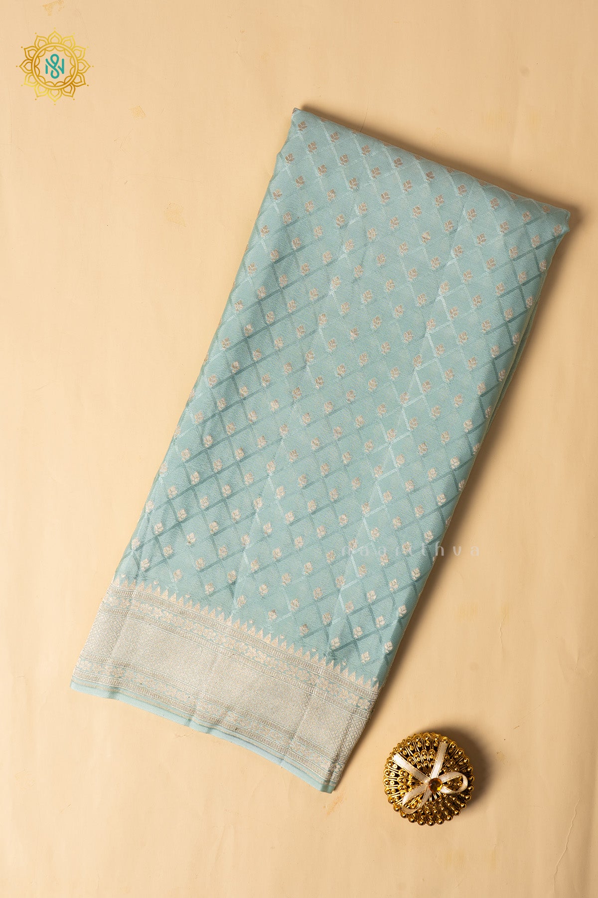 Aqua Green Pure Banrasi Crepe Silk Allover Zari Buttas On The Body With Contrast Zari Border & Pallu