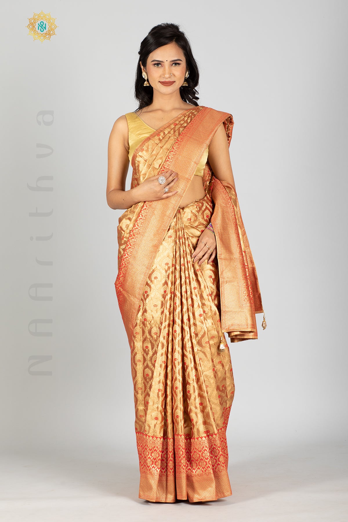 TISSUE SILK IN MEENA BUTTAS ALLOVER THE BODY WITH ZARI WOVEN PALLU & TISSUE BLOUSE