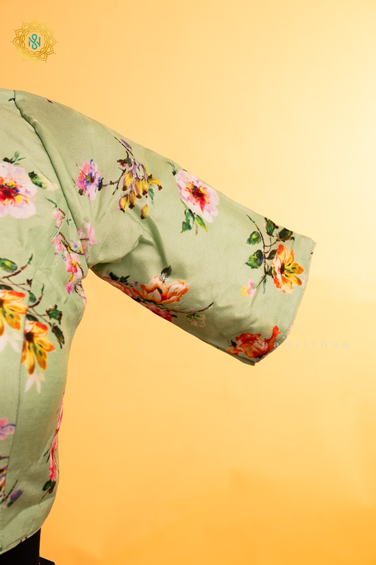 Pista Green Dola Silk Readymade Blouse With Floral Prints