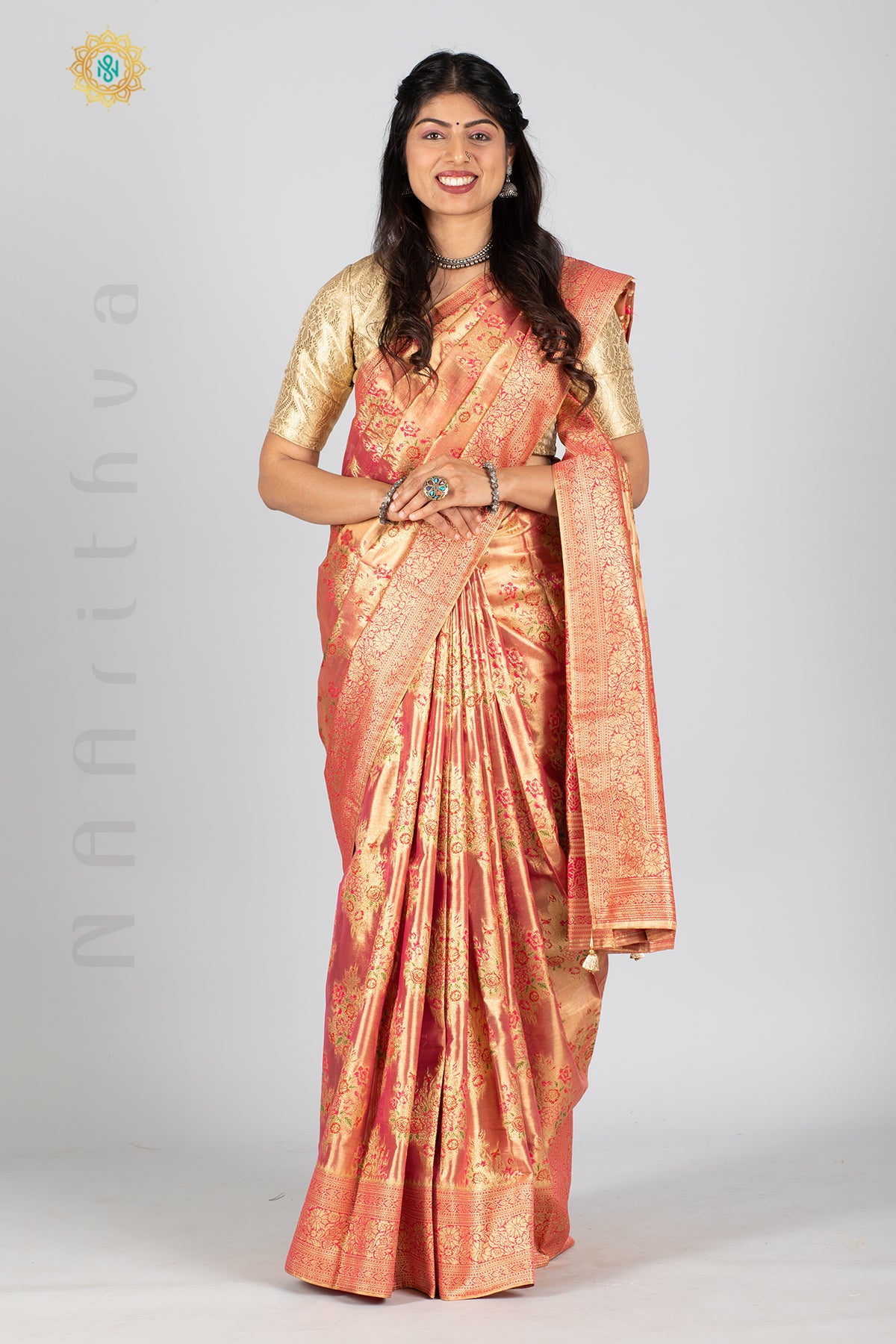 PINK TISSUE SILK IN MEENA BUTTAS ALLOVER THE BODY WITH ZARI WOVEN PALLU & TISSUE BLOUSE