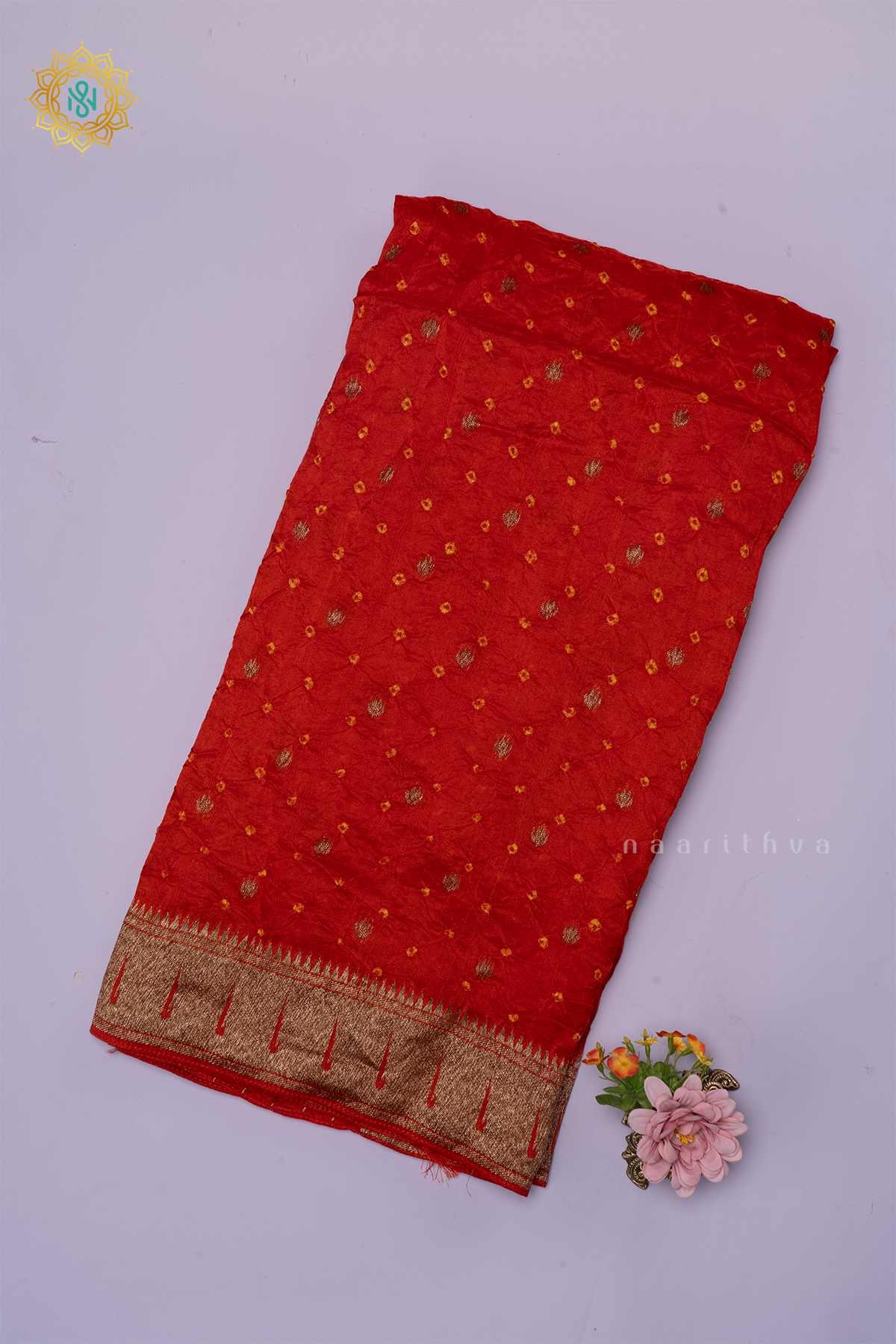 Orange Semi Tussar Silk Saree With Tie and Dye Bandini