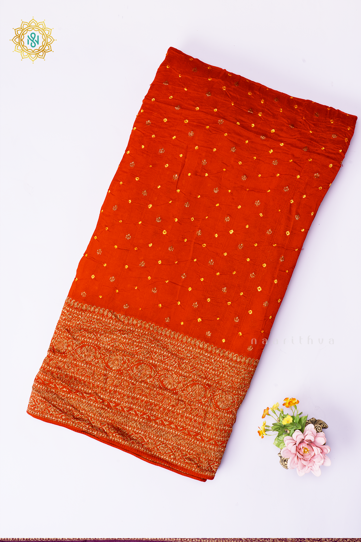 Orange Semi Tussar Silk Saree With Tie and Dye Bandini