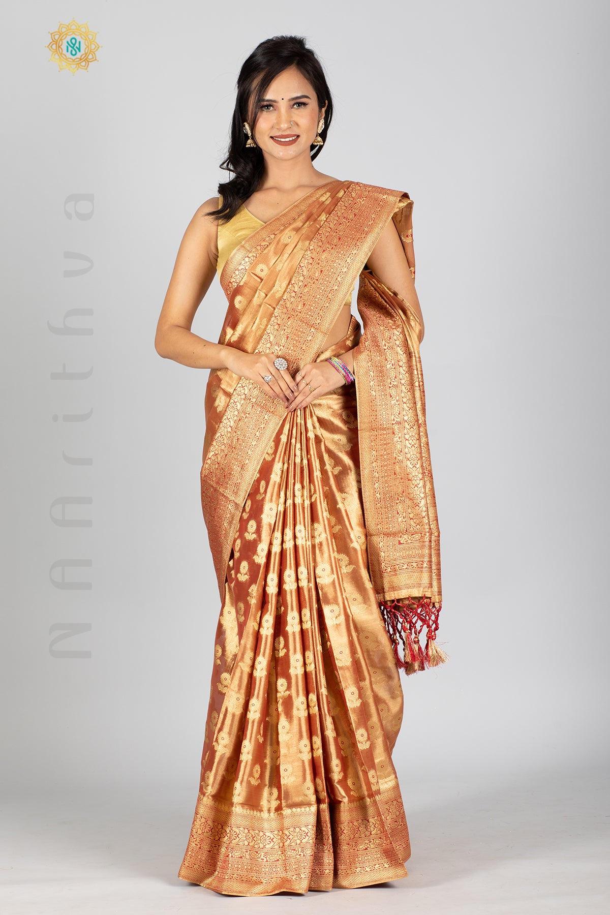 ROSE GOLD TISSUE SILK IN BROCADE WEAVES ALLOVER THE BODY WITH ZARI WOVEN PALLU & TISSUE BLOUSE
