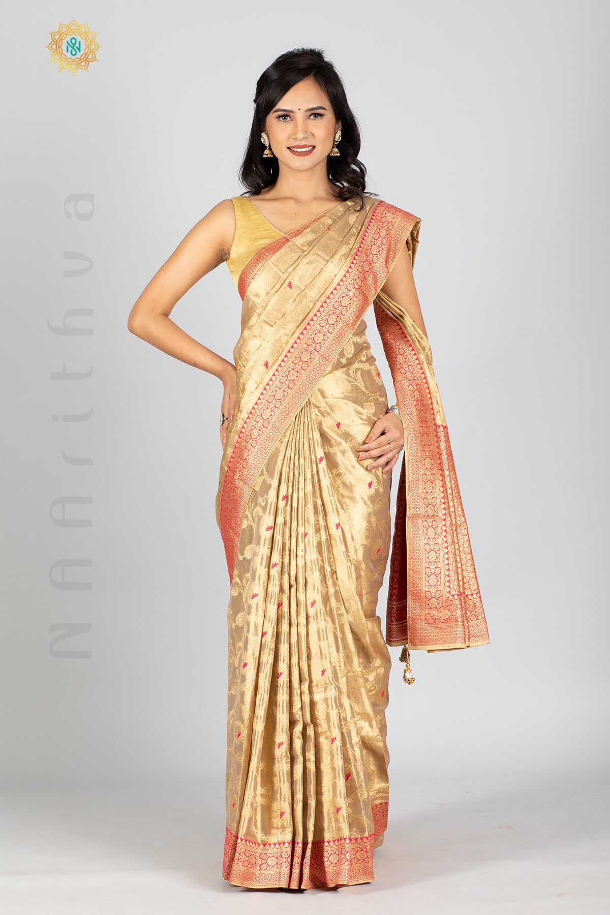 GOLD TISSUE SILK IN MEENA BUTTAS ALLOVER THE BODY WITH ZARI WOVEN PALLU & TISSUE BLOUSE