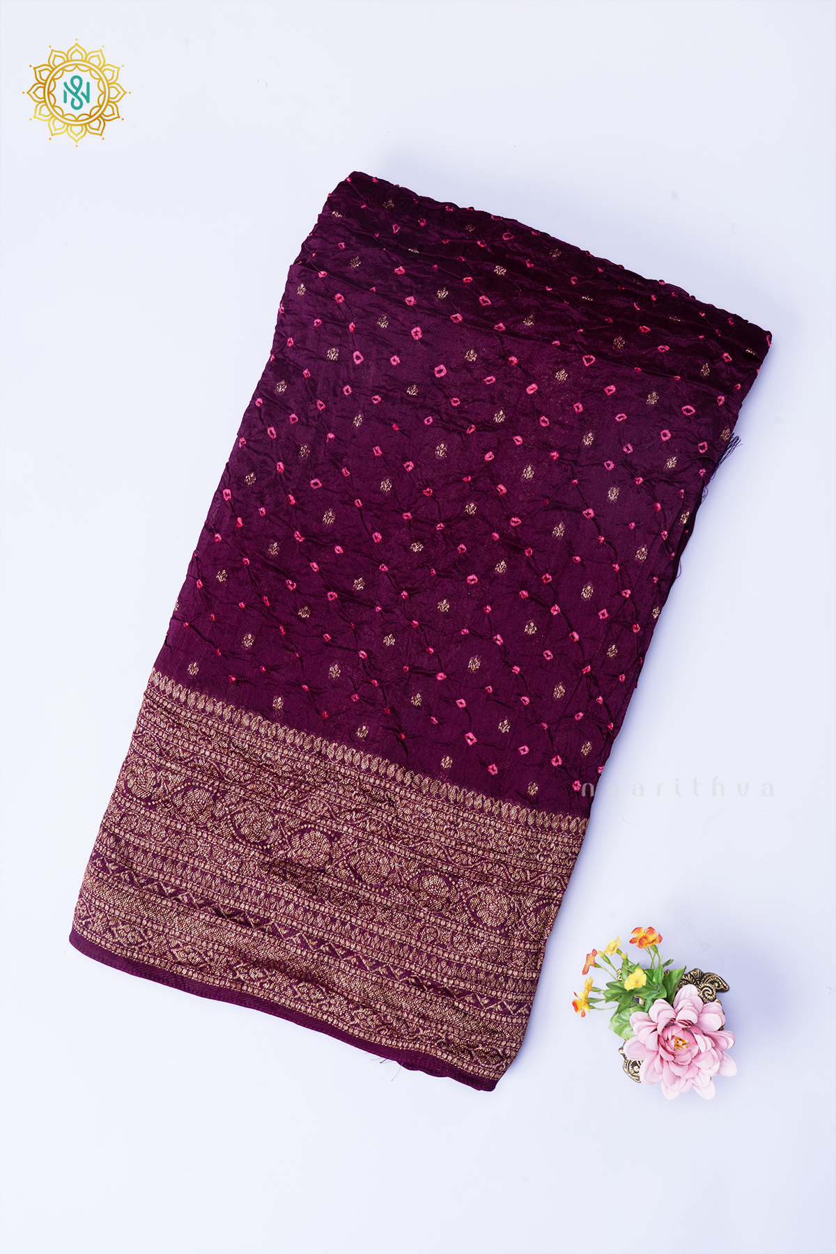 Wine Semi Tussar Silk Saree With Tie and Dye Bandini