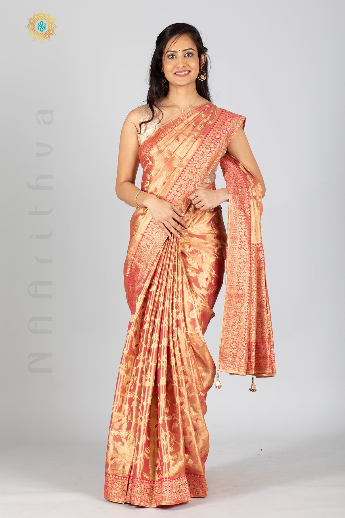PINK TISSUE SILK IN MEENA WORK ALLOVER THE BODY WITH ZARI WOVEN PALLU & TISSUE BLOUSE