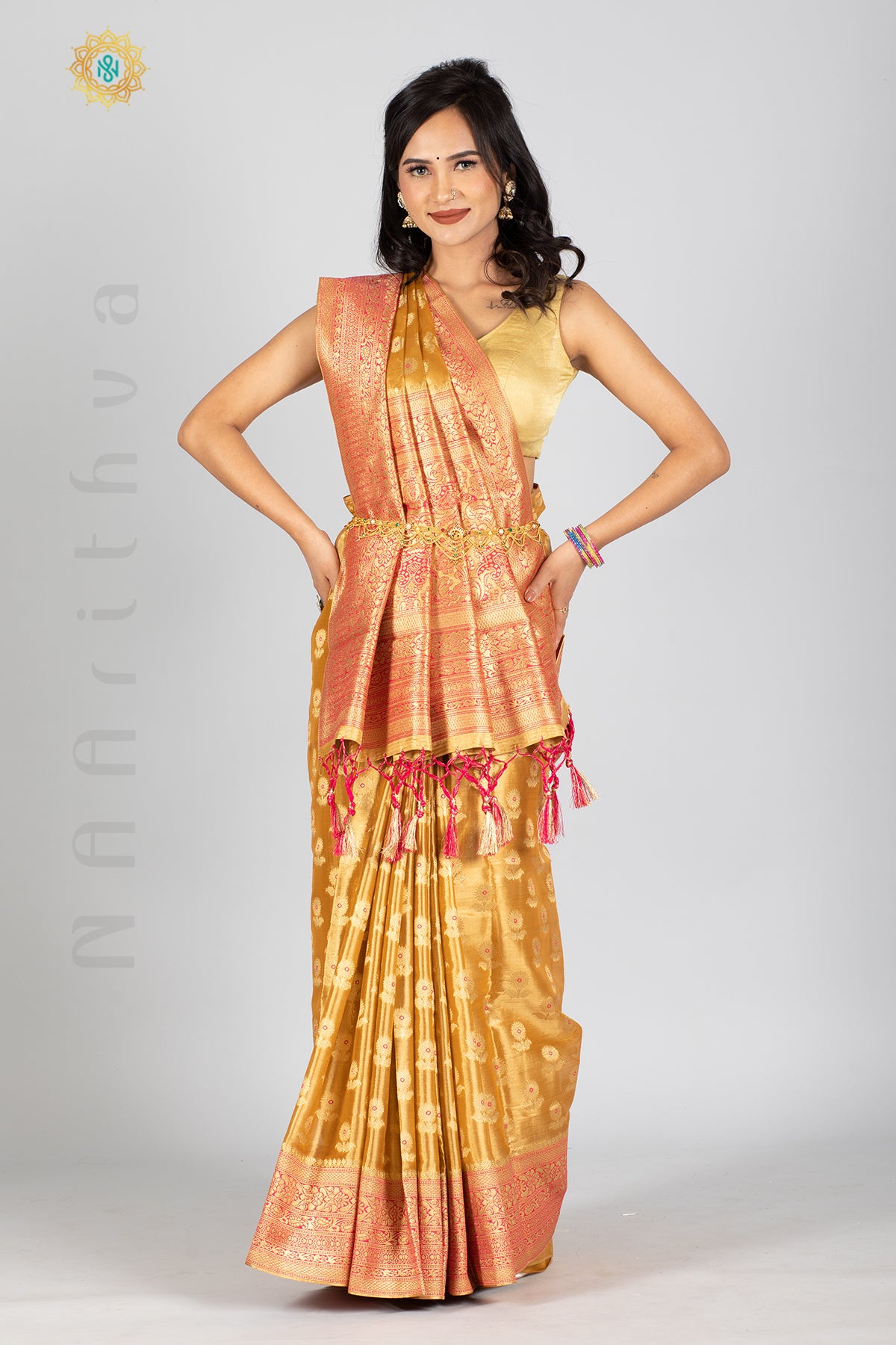 GOLD TISSUE SILK IN MEENA BUTTAS ALLOVER THE BODY WITH ZARI WOVEN PALLU & TISSUE BLOUSE