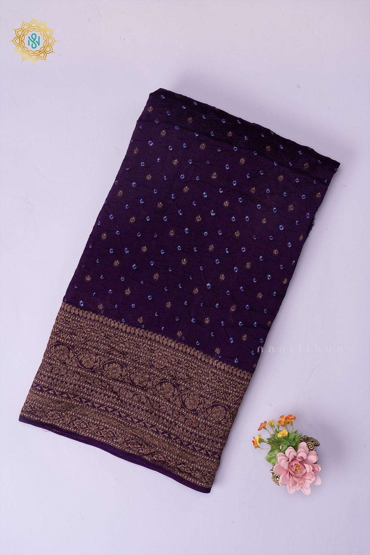 Purple Semi Tussar Silk Saree With Tie and Dye Bandini