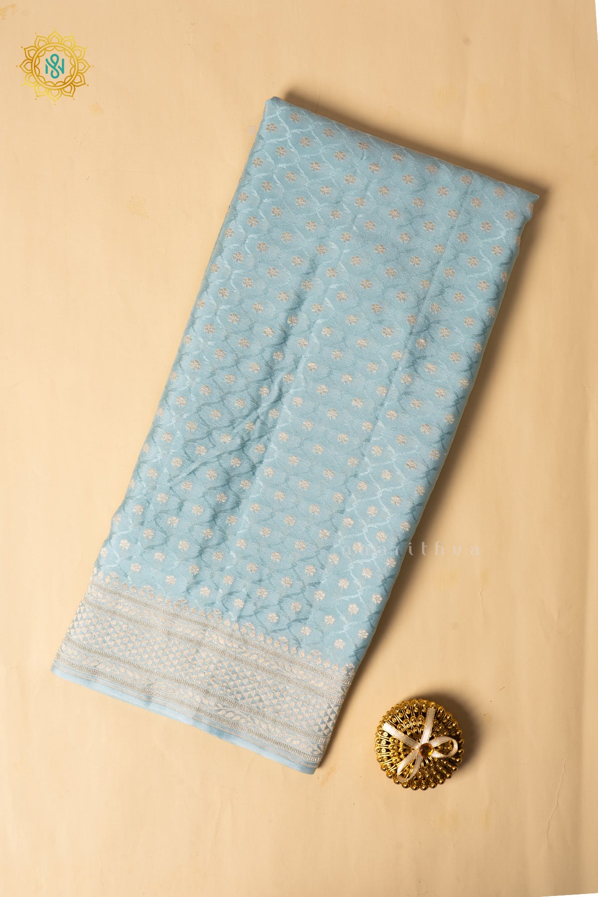 Aqua Blue Pure Banarasi Crepe Silk Allover Zari Geometric Weaves and Woven Border