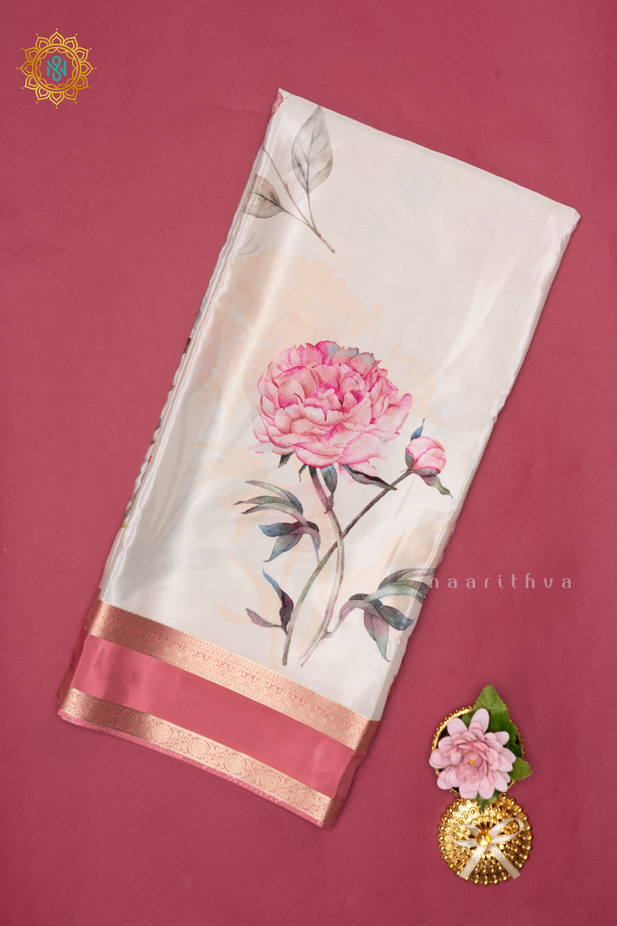 White With Peach Printed Semi Crepe Silk Saree with Contrast Bentex Zari Border