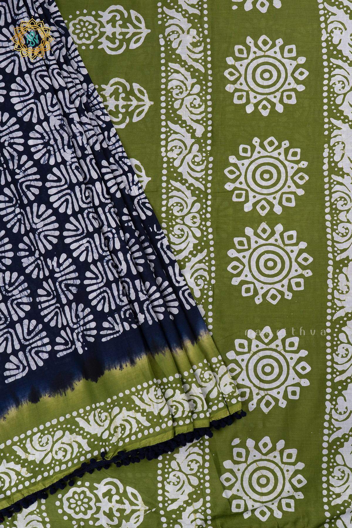 Navy Blue With Green Printed Cotton Saree With Contrast Border & Pallu
