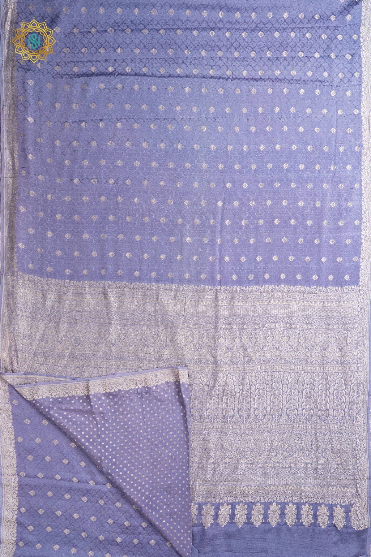 Lavender Pure Banrasi Crepe Silk Allover Zari Buttas On The Body With Contrast Zari Border & Pallu