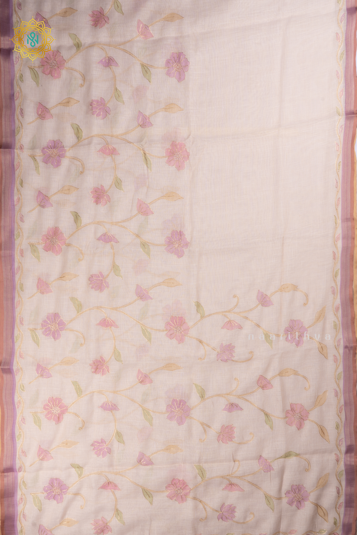 Off White With Lavender Linen Tissue Saree with Aari Floral Work and Tissue Border