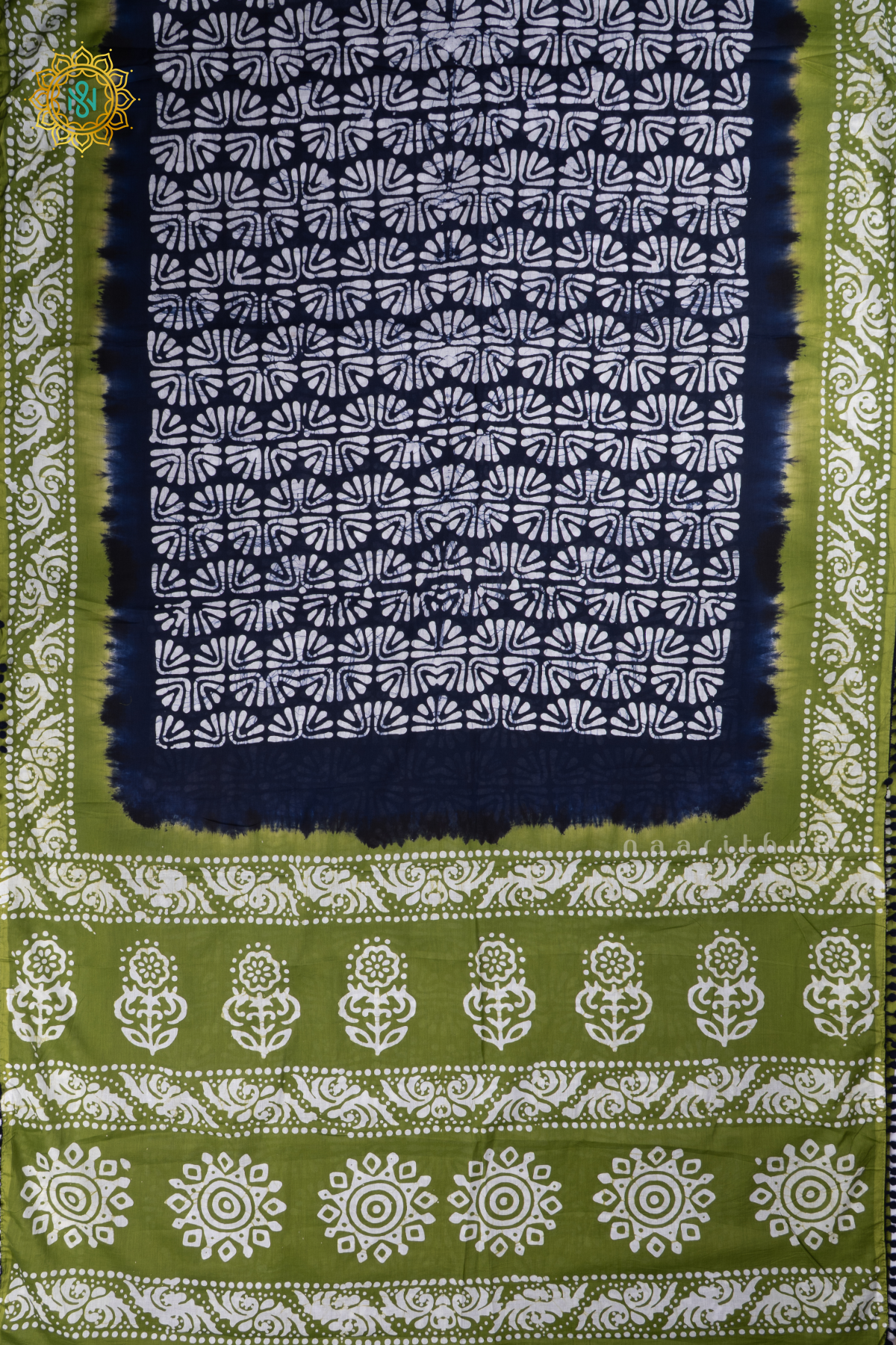 Navy Blue With Green Printed Cotton Saree With Contrast Border & Pallu