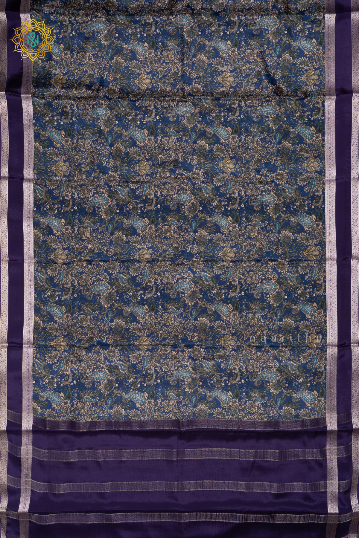 Blue With Purple Printed Semi Crepe Silk Saree with Contrast Bentex Zari Border