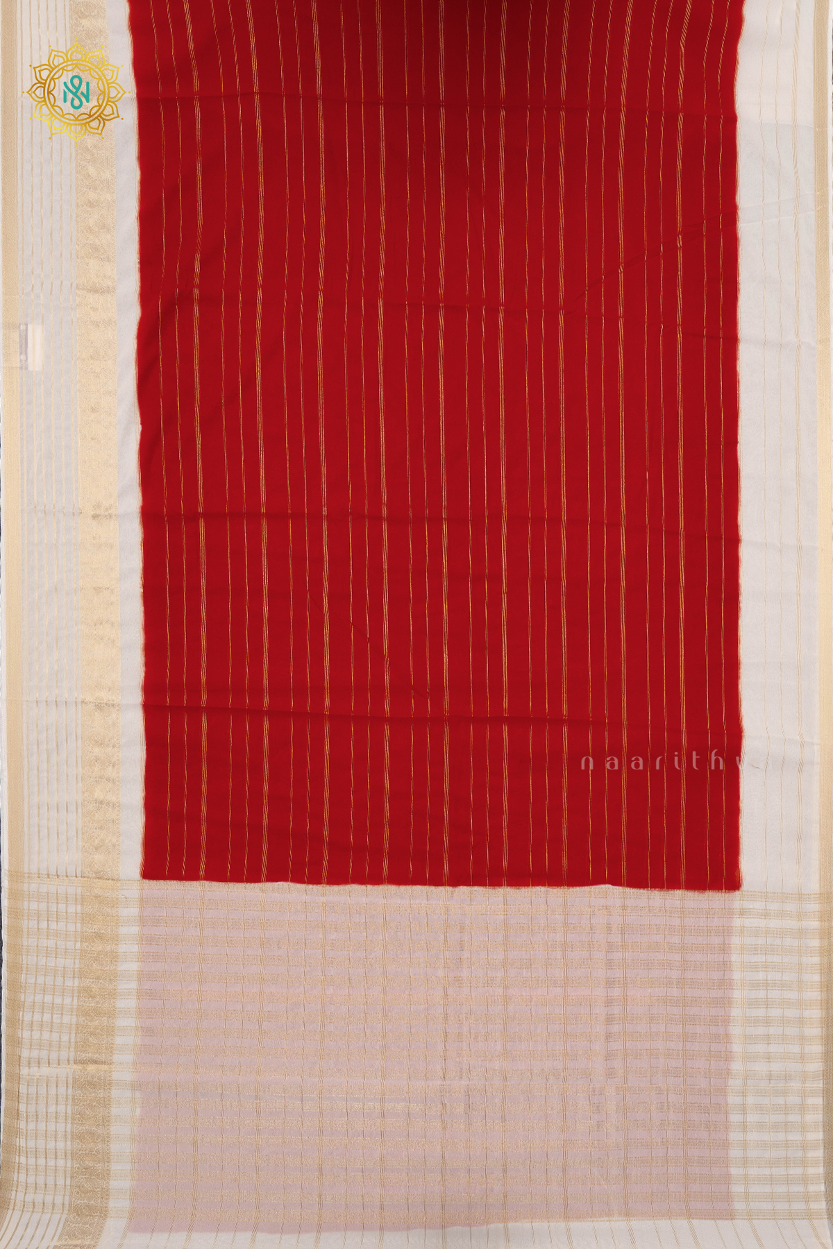 Red With White Semi Georgette Saree With Zari Stripes On The Body And Contrast Zari Border