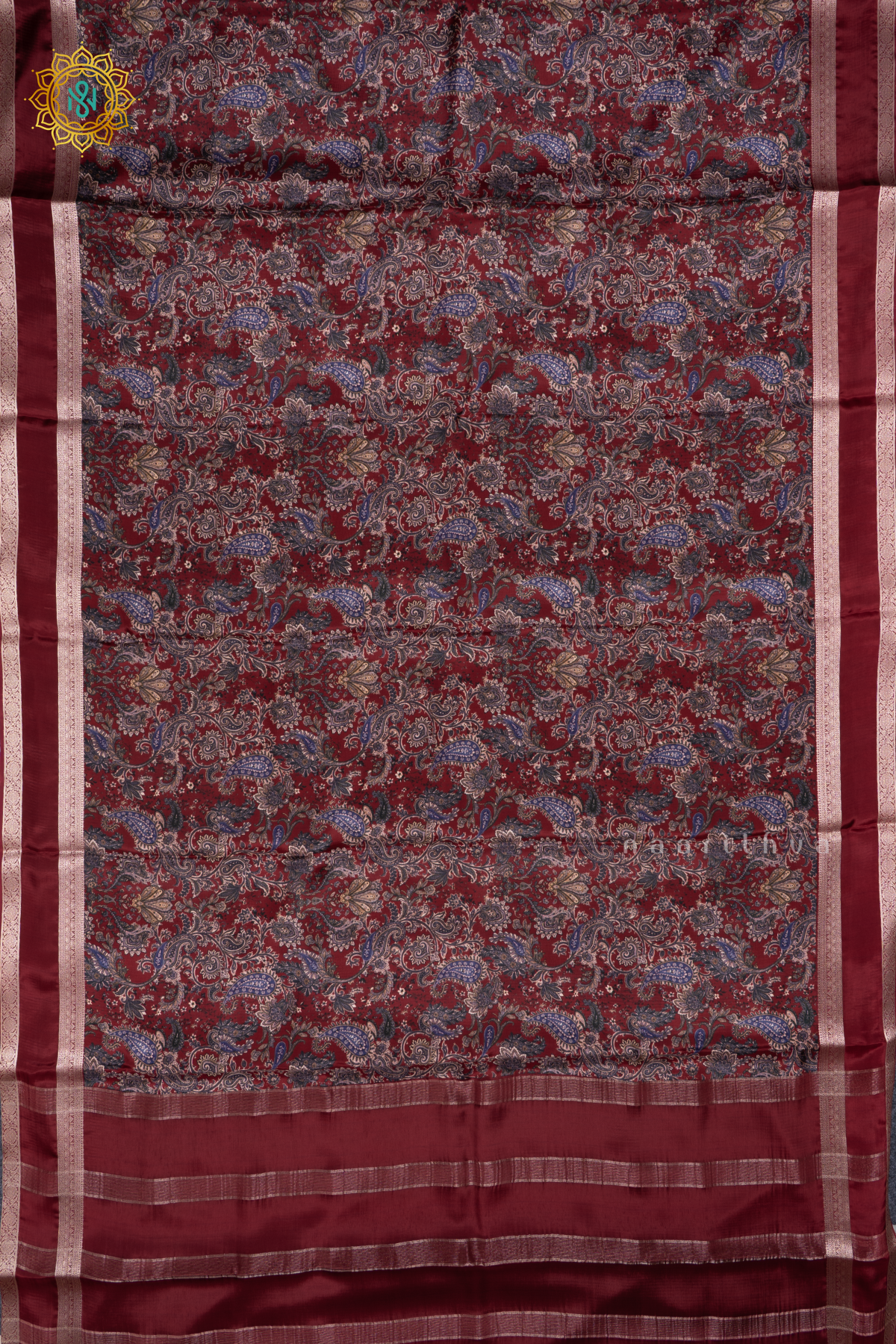 Maroon Printed Semi Crepe Silk Saree with Contrast Bentex Zari Border