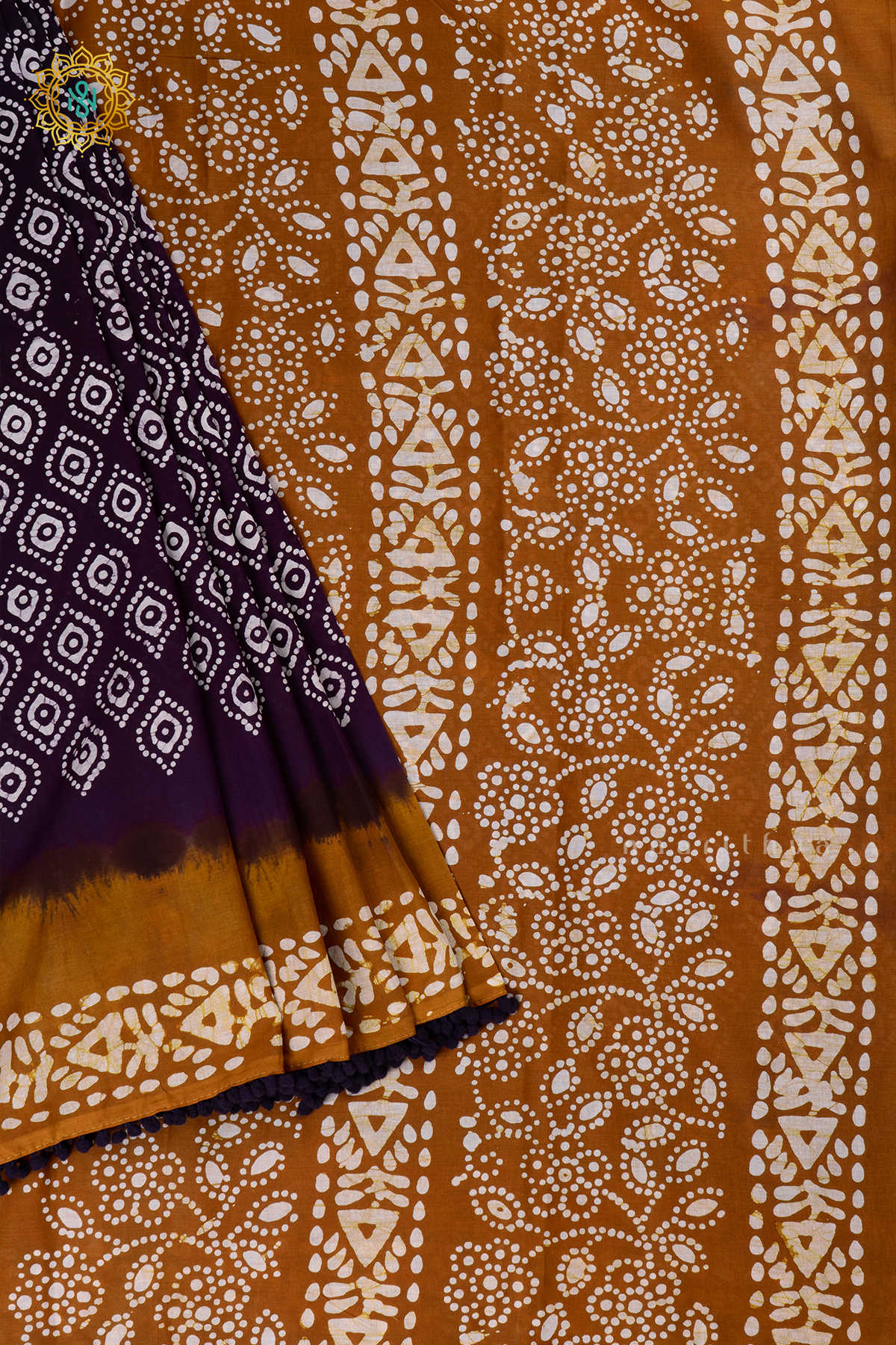 Purple With Mustard Printed Cotton Saree With Contrast Border & Pallu