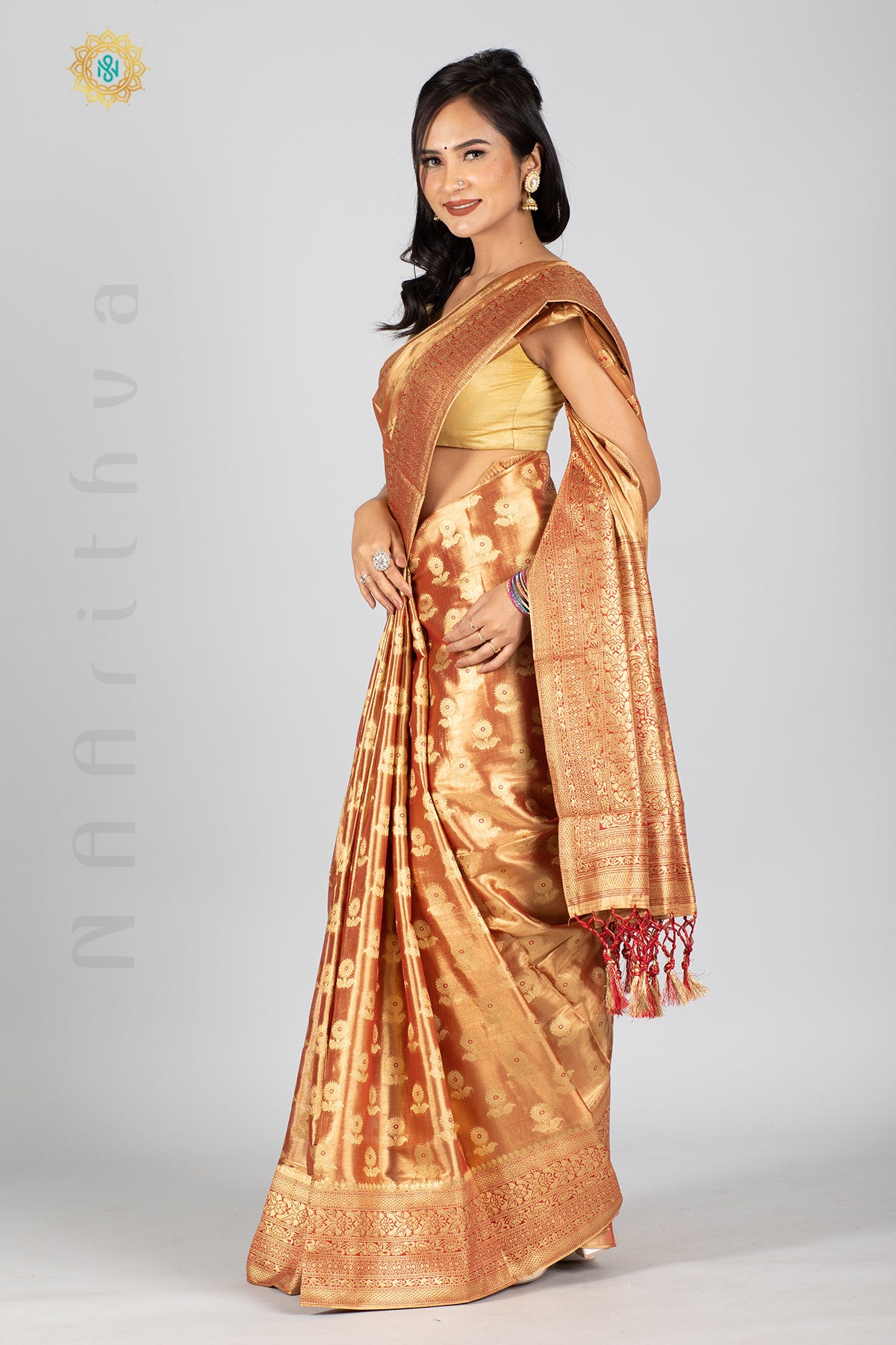 ROSE GOLD TISSUE SILK IN BROCADE WEAVES ALLOVER THE BODY WITH ZARI WOVEN PALLU & TISSUE BLOUSE