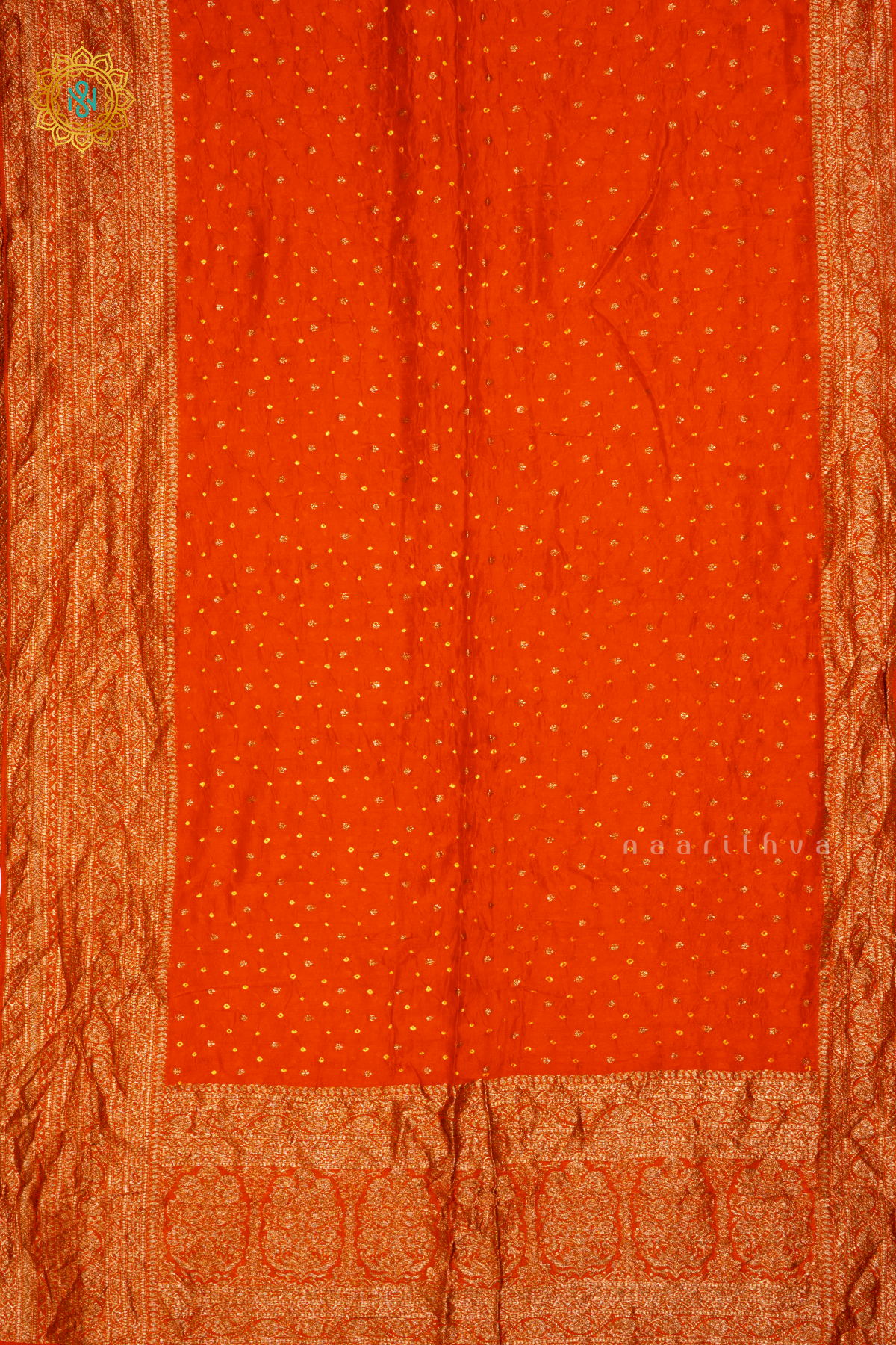 Orange Semi Tussar Silk Saree With Tie and Dye Bandini