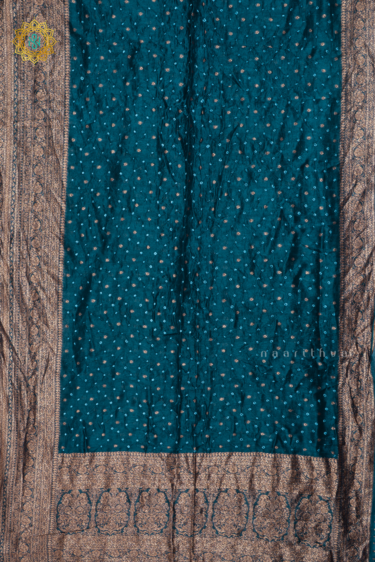 Peacock Blue Semi Tussar Silk Saree With Tie and Dye Bandini