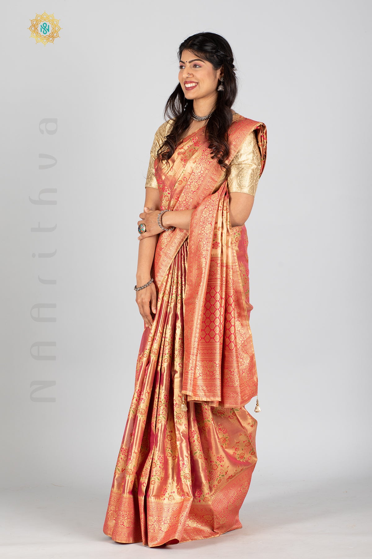 PINK TISSUE SILK IN MEENA BUTTAS ALLOVER THE BODY WITH ZARI WOVEN PALLU & TISSUE BLOUSE