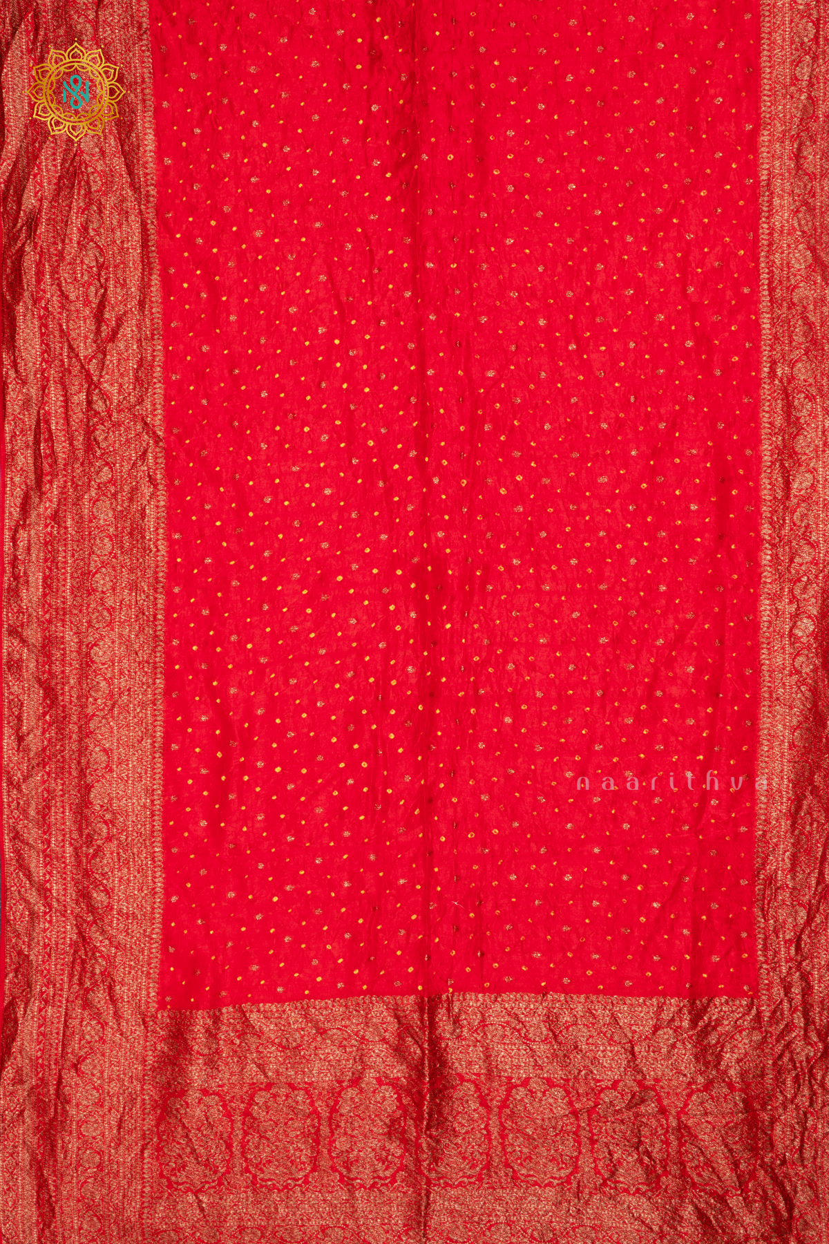 Red Semi Tussar Silk Saree With Tie and Dye Bandini