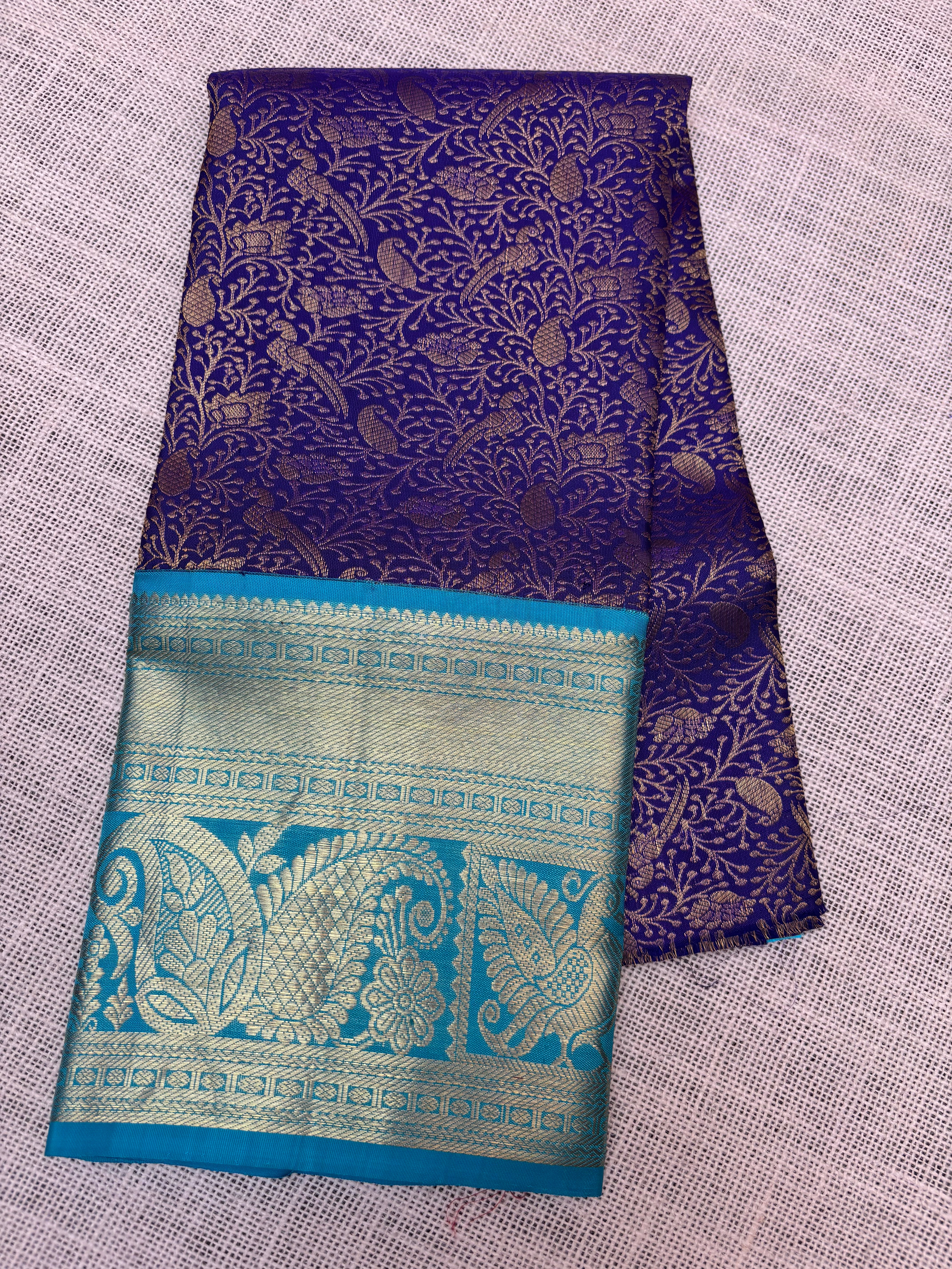 Royal Blue with Sky Blue Pure Kanjivaram Silk Unstitched Kids’ Lehenga Fabric with All-Over Zari Brocade and Zari Border