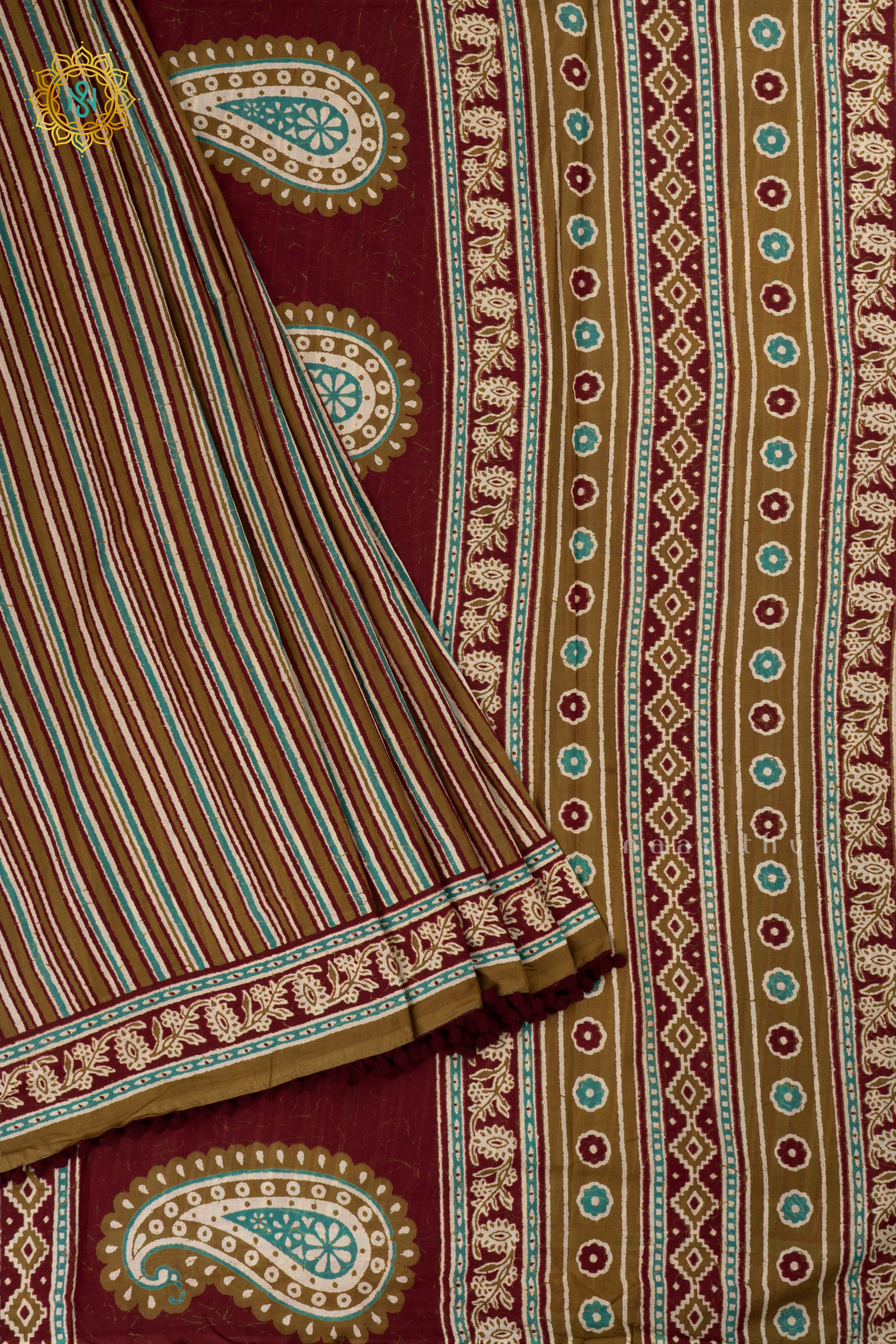 Mehendi Green Printed Cotton Saree With Border & Pallu