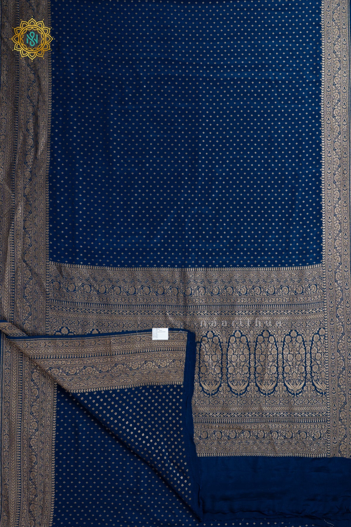 Navy Blue Pure Banarasi Crepe Silk Allover Zari Geometric Weaves and Woven Border