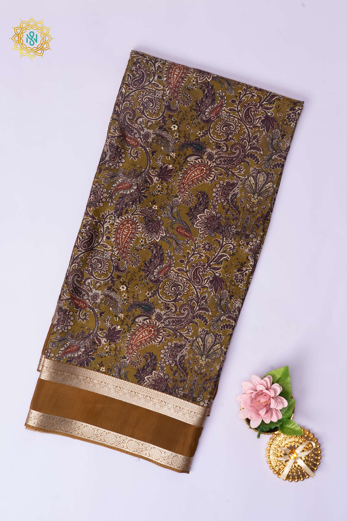 Parrot Green With Mustard Printed Semi Crepe Silk Saree with Contrast Bentex Zari Border