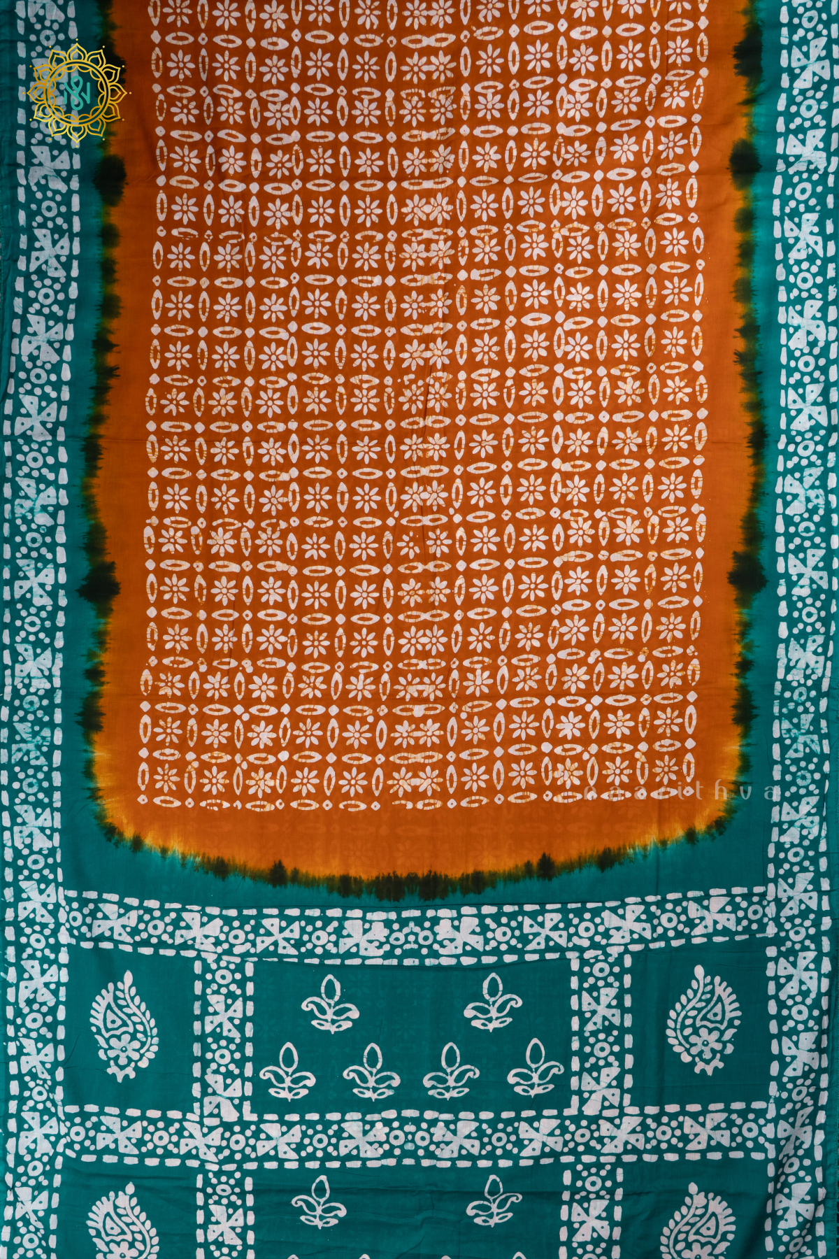 Rust Orange With Cyan Green Printed Cotton Saree With Contrast Border & Pallu
