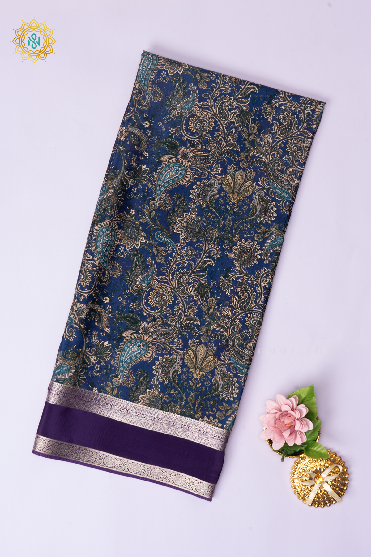 Blue With Purple Printed Semi Crepe Silk Saree with Contrast Bentex Zari Border