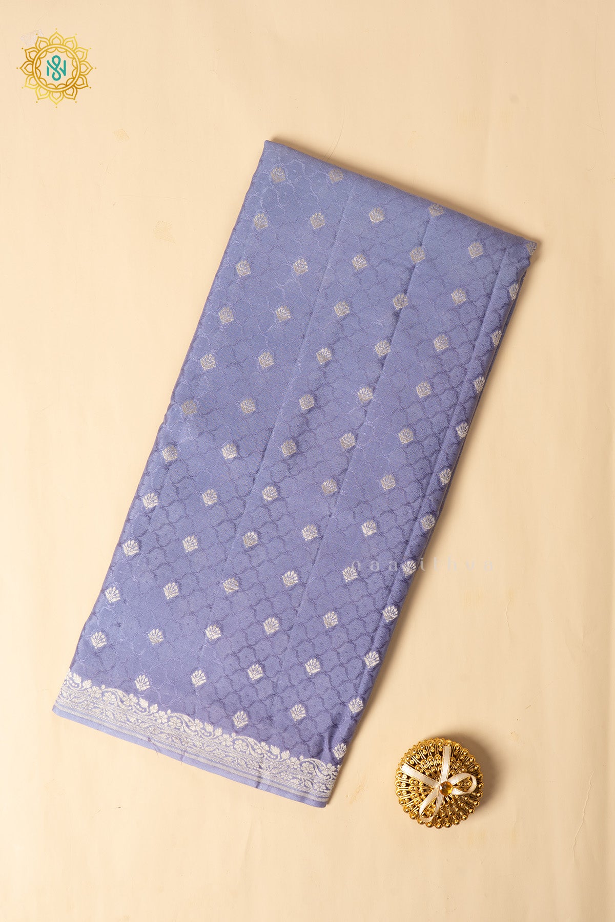 Lavender Pure Banrasi Crepe Silk Allover Zari Buttas On The Body With Contrast Zari Border & Pallu