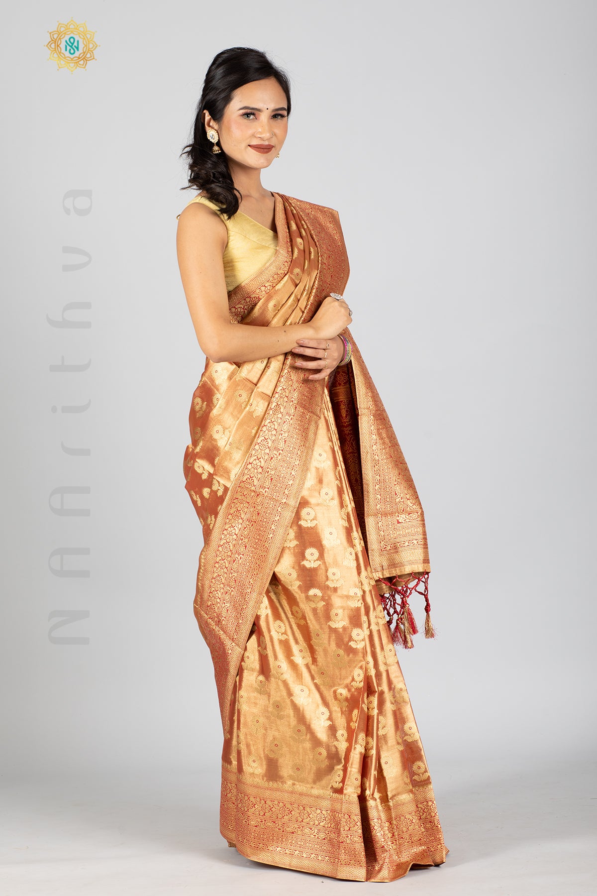 ROSE GOLD TISSUE SILK IN BROCADE WEAVES ALLOVER THE BODY WITH ZARI WOVEN PALLU & TISSUE BLOUSE